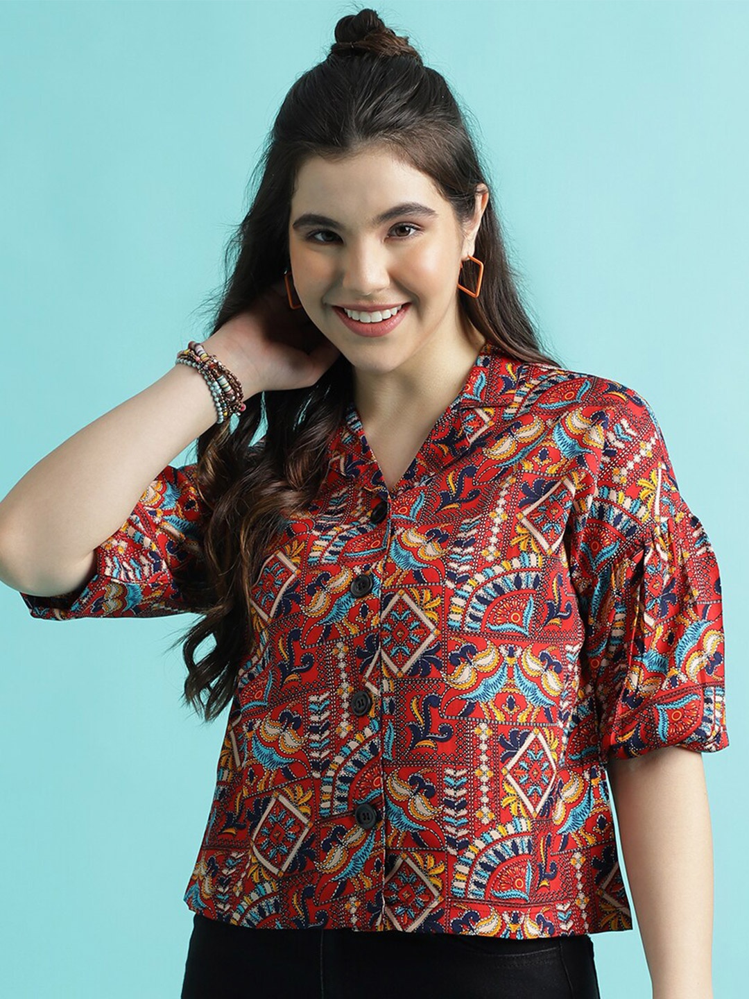 

CLEMIRA Ethnic Motifs Print Drop Shoulder Sleeves Crepe Top, Red