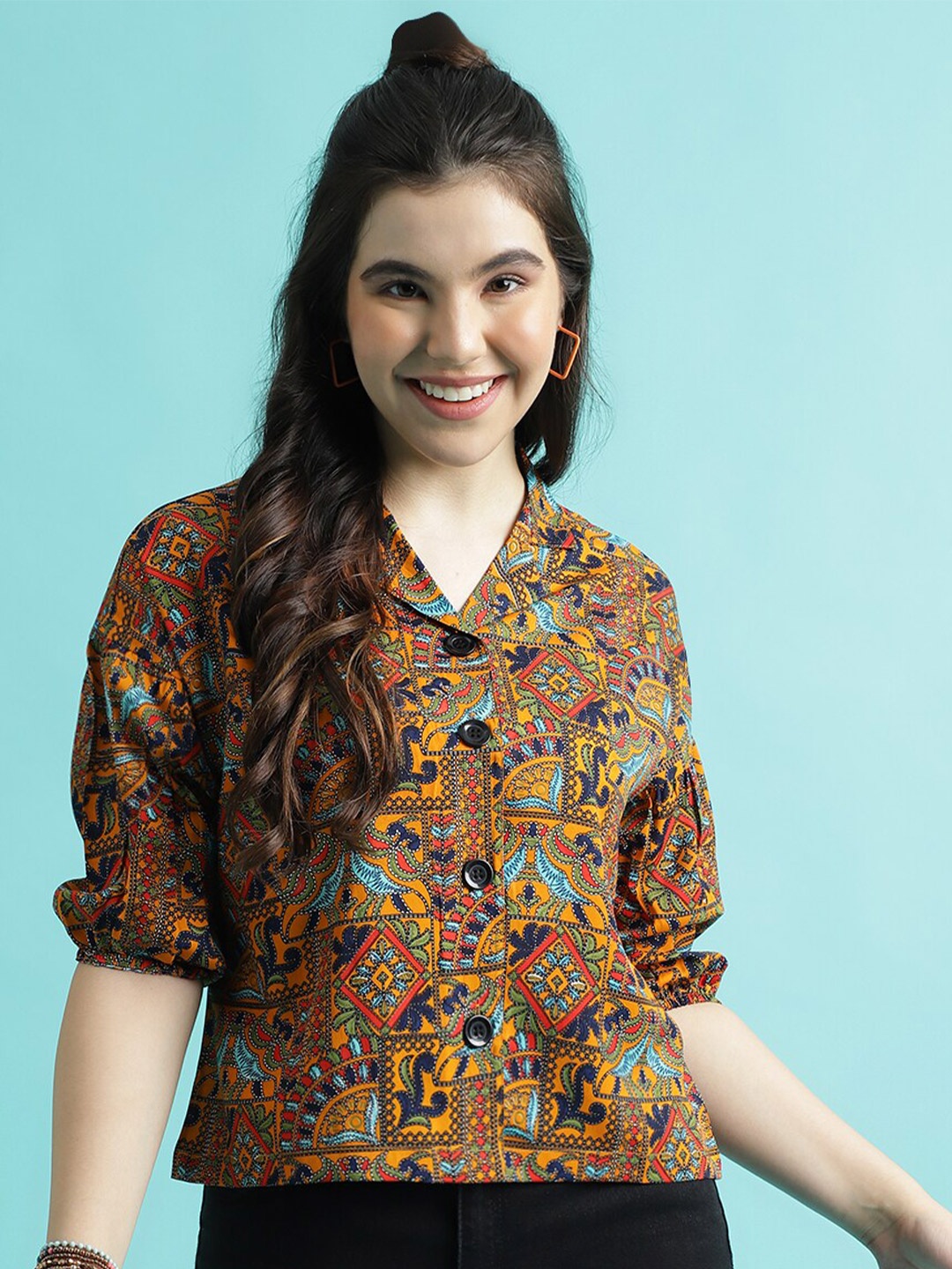 

CLEMIRA Ethnic Print Puff Sleeves Crepe Shirt Style Top, Mustard