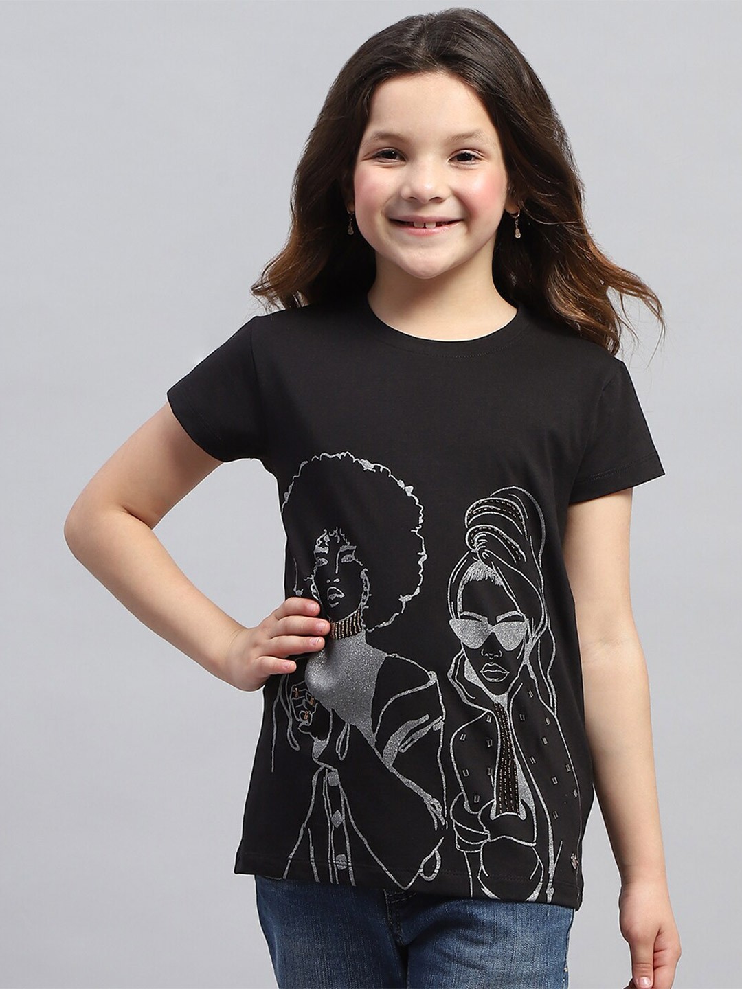 

Monte Carlo Girls Printed Round Neck T-Shirt, Black