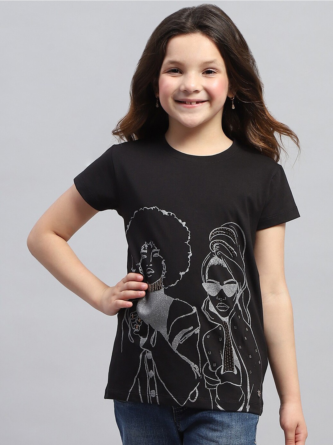 

Monte Carlo Graphic Printed Round Neck Short Sleeves Top, Black