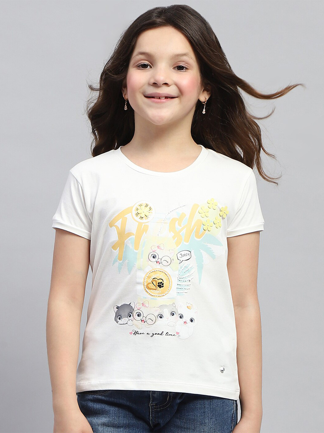 

Monte Carlo Girls Graphic Printed Round Neck Short Sleeves Top, White