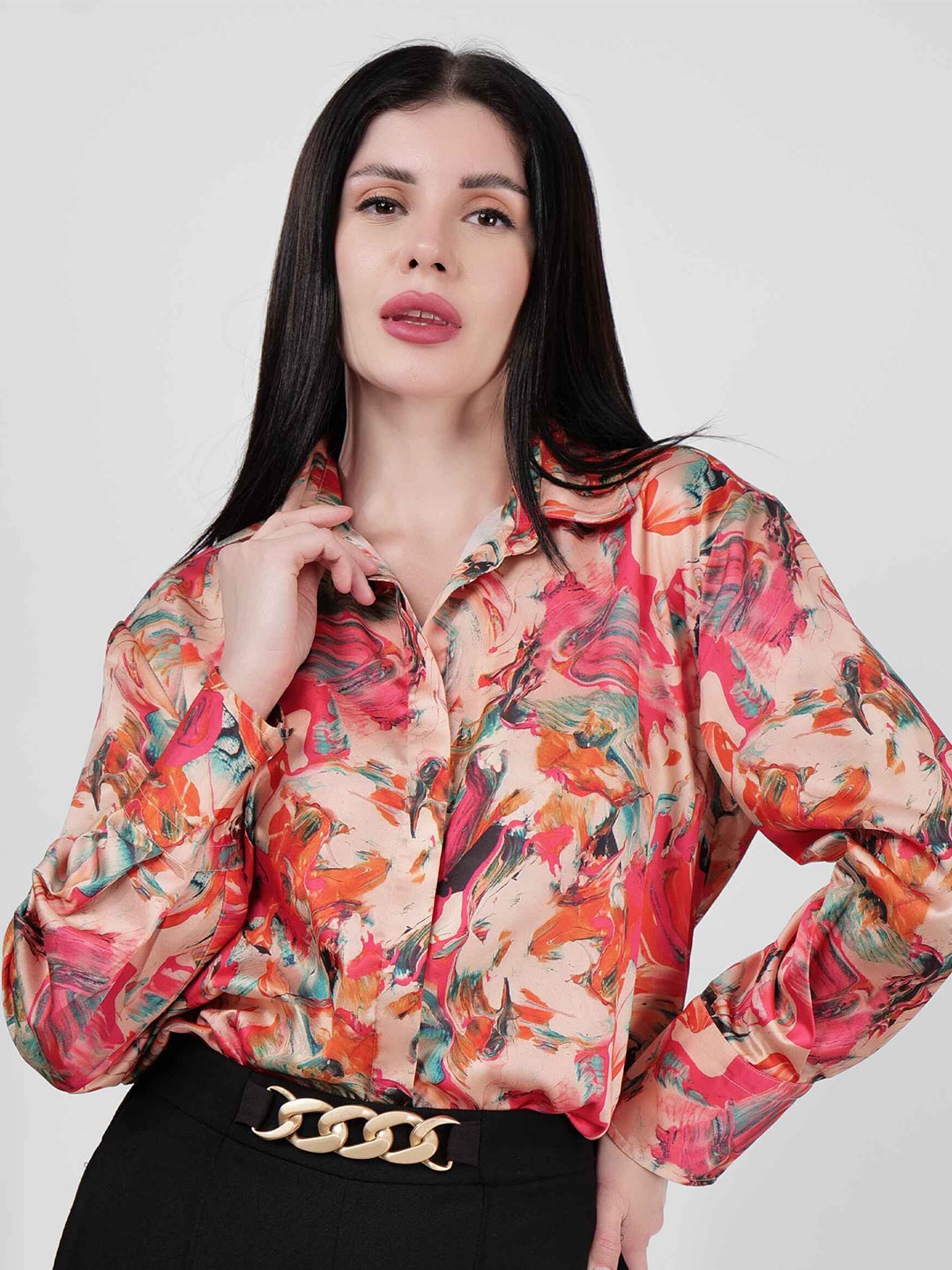 

DRIRO Premium Floral Printed Spread Collar Cuffed Sleeves Satin Casual Shirt, Orange
