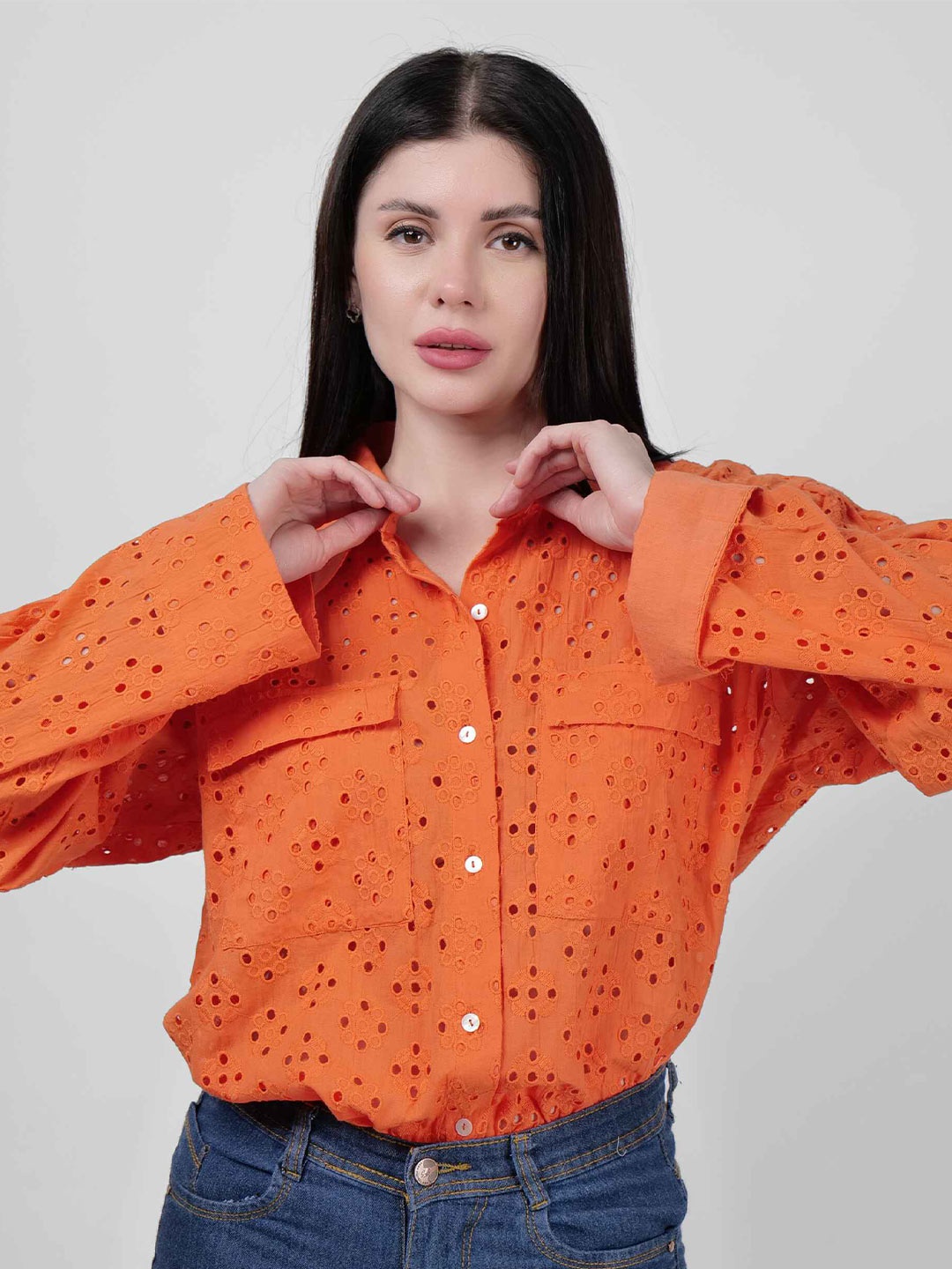 

DRIRO Premium Self Design Spread Collar Puff Sleeves Schiffli Pockets Cotton Casual Shirt, Orange