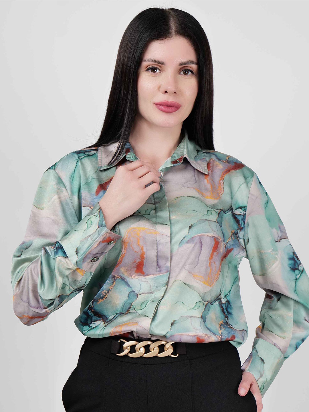 

DRIRO Premium Printed Spread Collar Cuffed Sleeves Satin Casual Shirt, Sea green