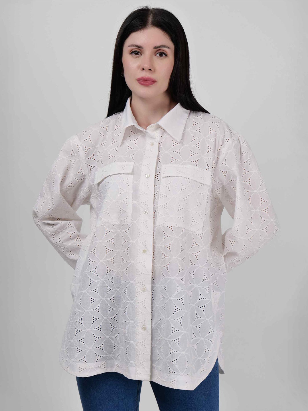 

DRIRO Premium Self Design Spread Collar Schiffli Pockets Cotton Casual Shirt, White