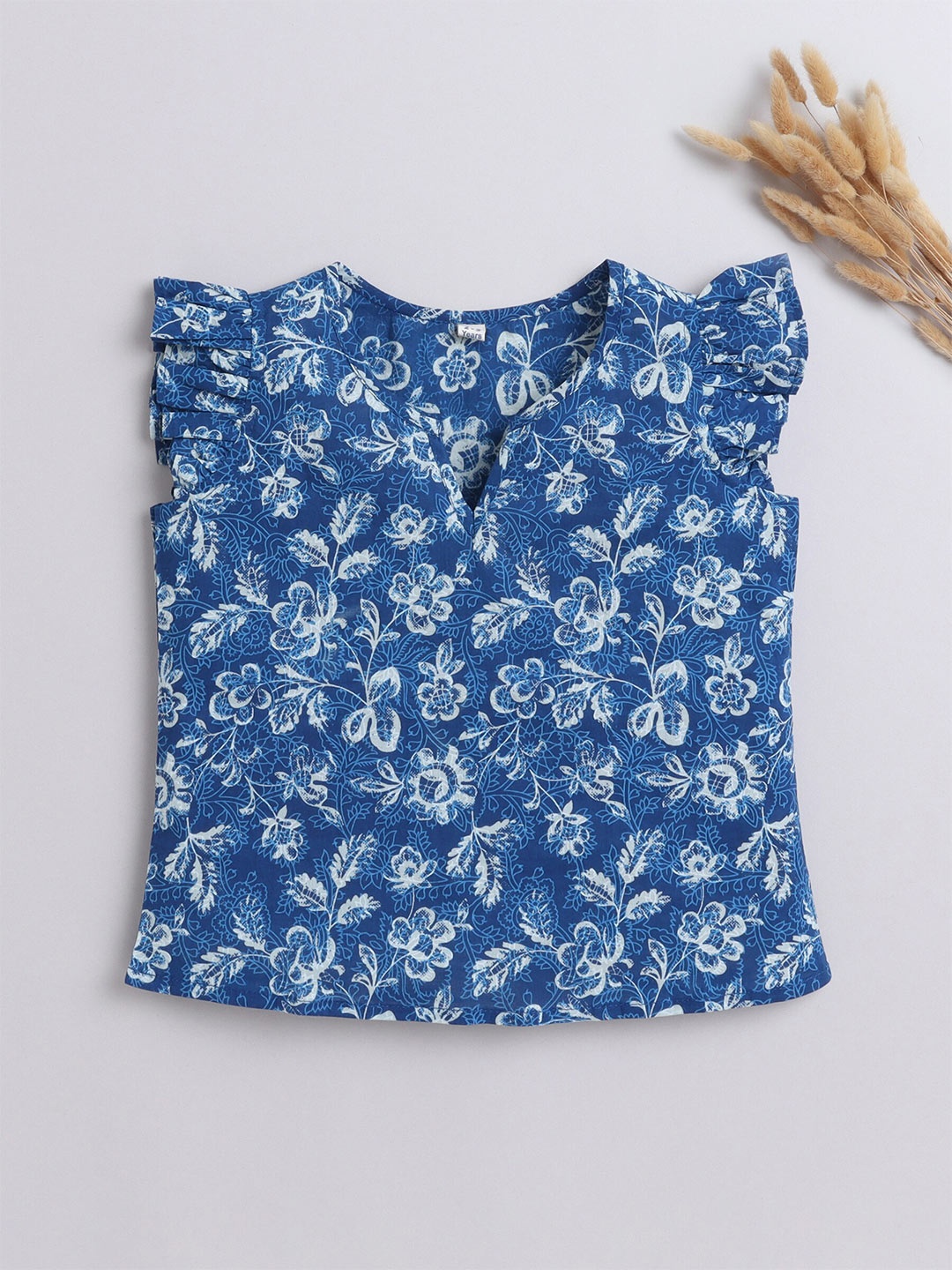 

The Magic Wand Girls Floral Printed Notch Neck Flutter Sleeves Cotton Top, Blue