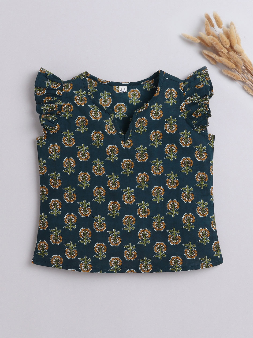 

The Magic Wand Girls Round Neck Floral Print Flutter Sleeve Cotton Top, Green