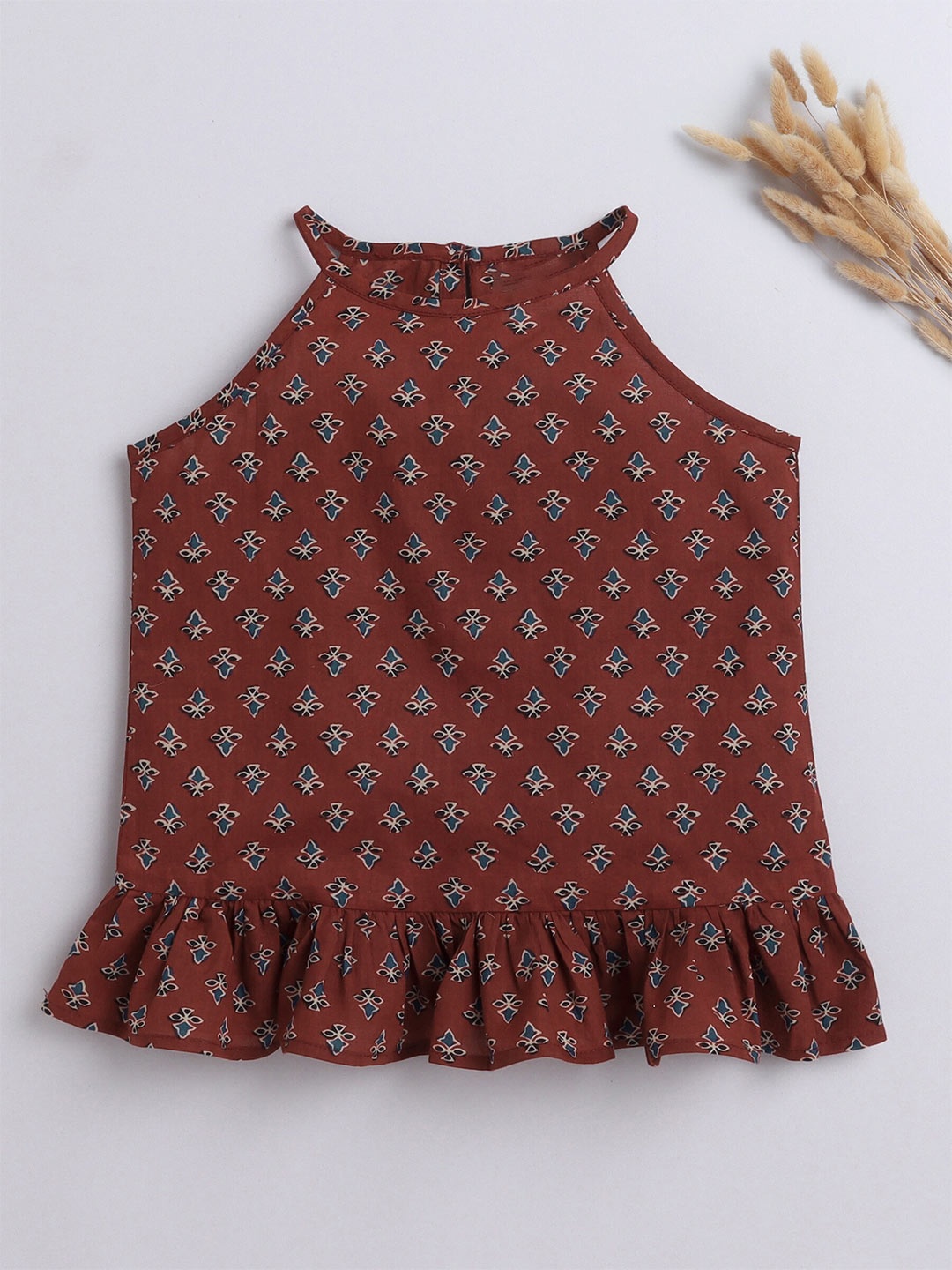 

The Magic Wand Girls Geometric Printed Halter Neck Sleeveless Cotton Top, Maroon