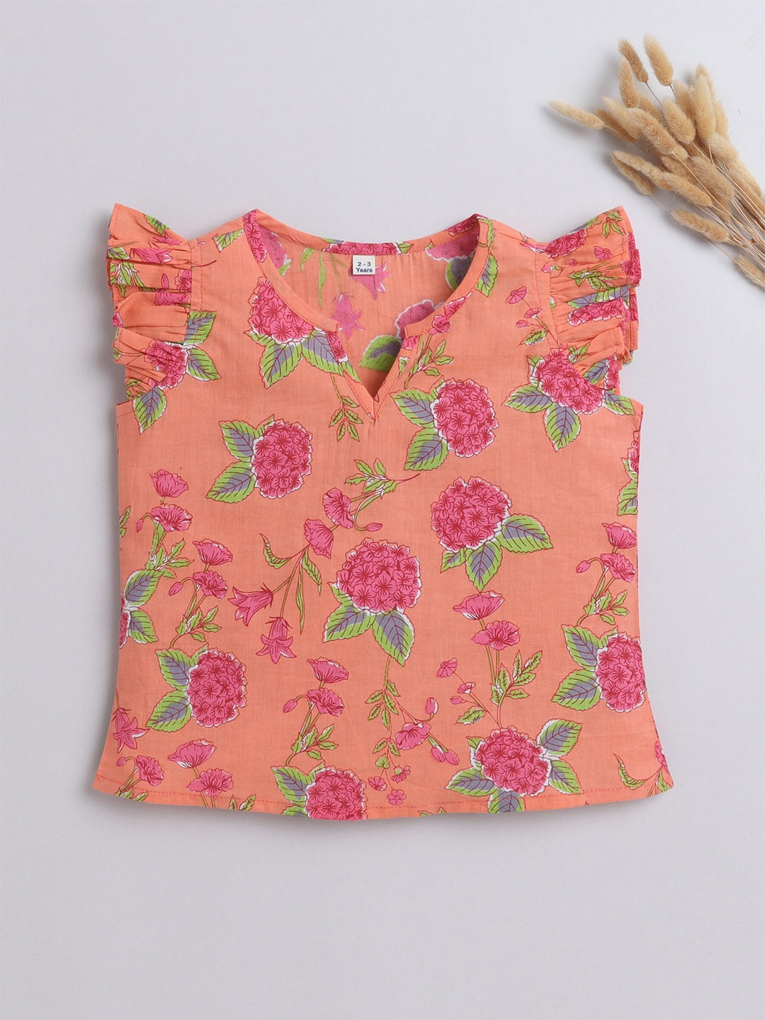 

The Magic Wand Girls Floral Printed Notch Neck Flutter Sleeves Cotton Top, Peach