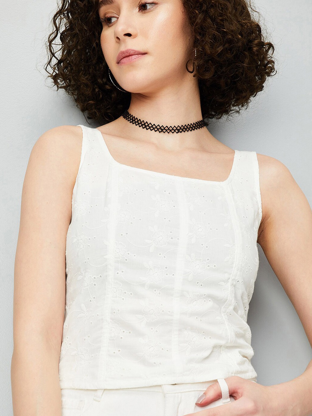 

max Self Design Square Neck Sleeveless Smocked Cotton Crop Top, Off white