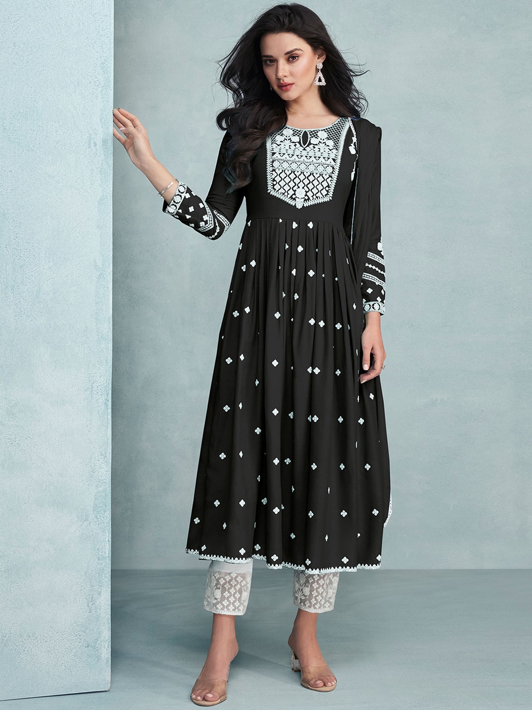 

Peachmode Floral Embroidered A-Line Kurta & Trousers With Dupatta, Black