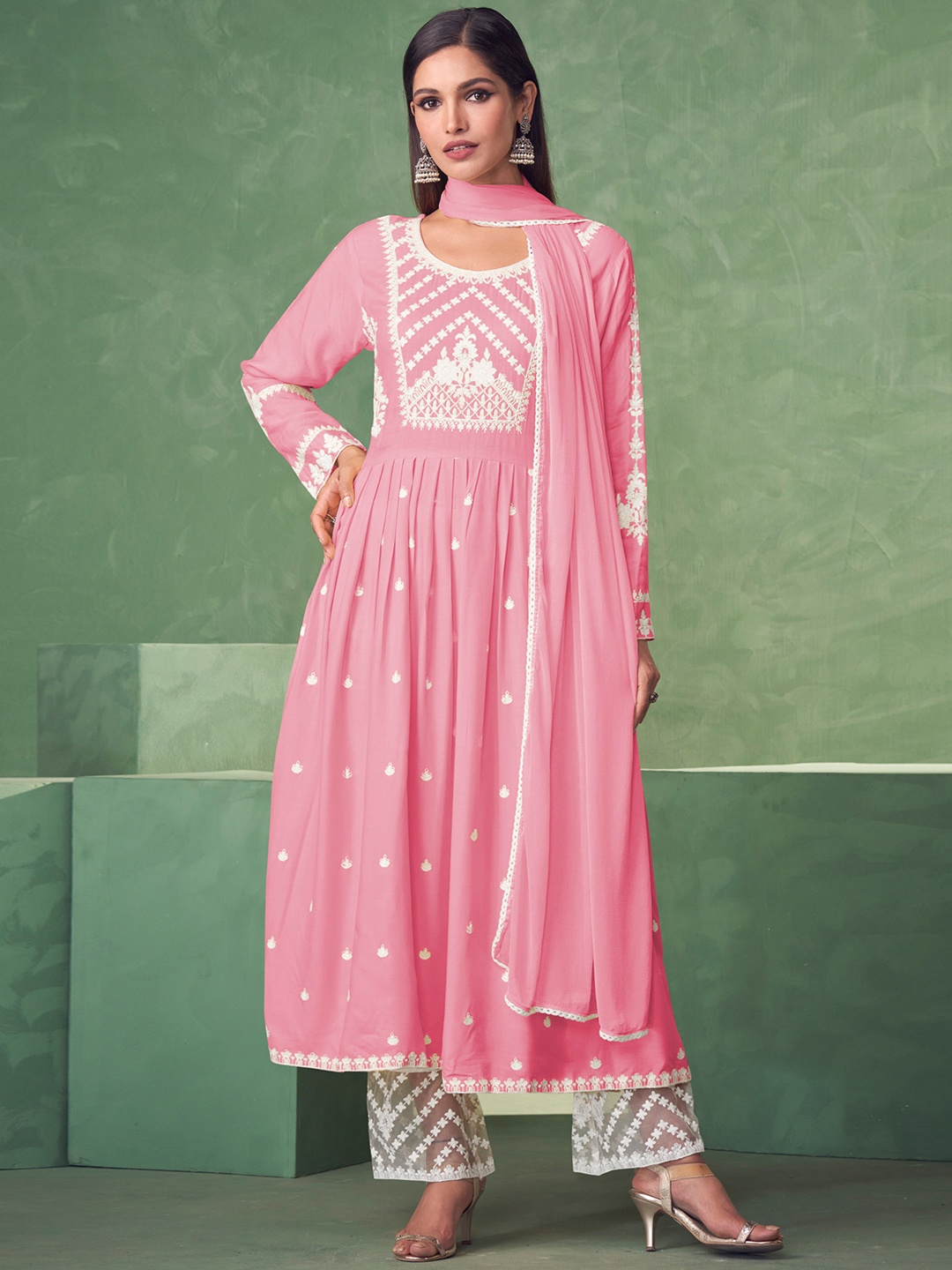 

Peachmode Embroidered Empire Lucknowi Chikankari A-Line Kurta with Palazzos & Dupatta, Pink