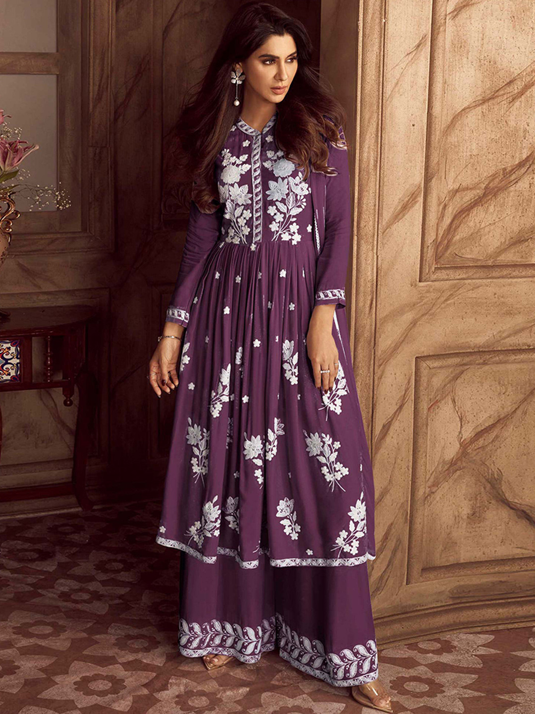 

Peachmode Embroidered Empire Lucknowi Chikankari Anarkali Kurta with Palazzos & Dupatta, Purple