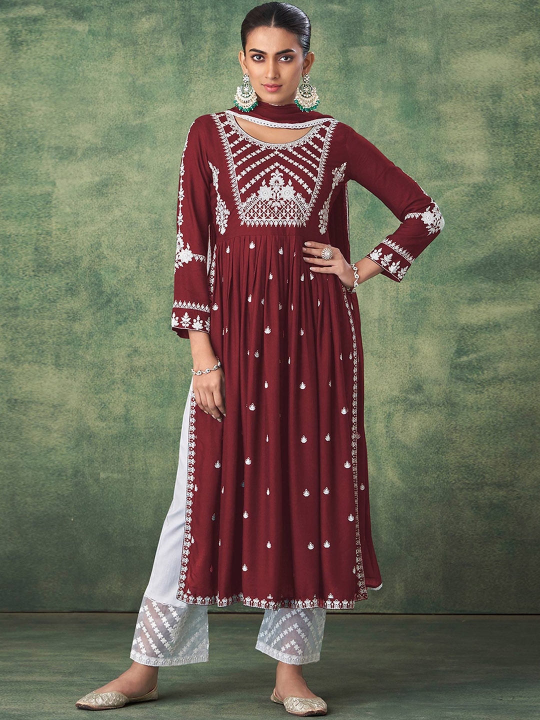 

Peachmode Floral Embroidered A-Line Kurta & Palazzos With Dupatta, Maroon