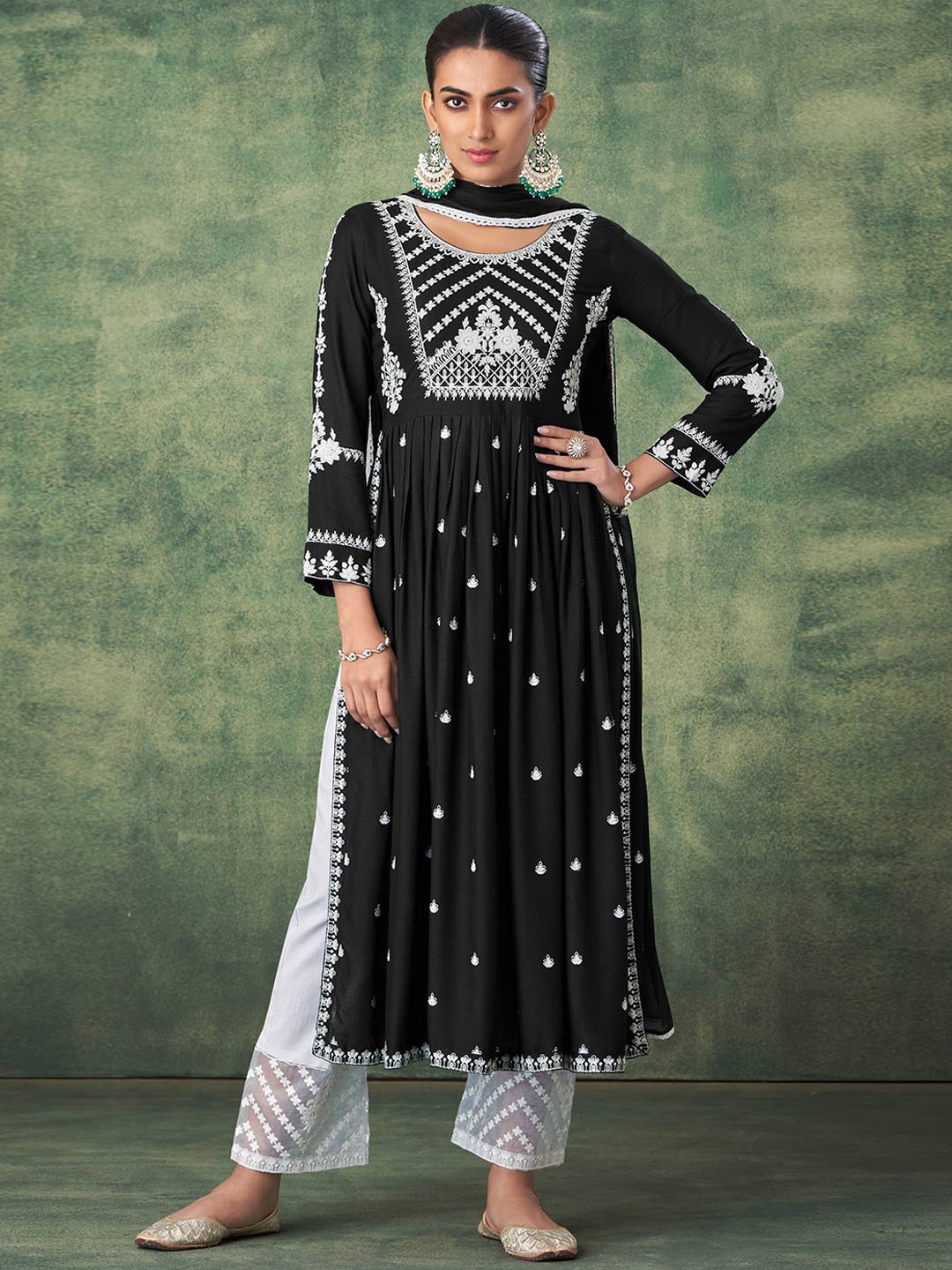 

Peachmode Floral Embroidered A-Line Kurta & Palazzos With Dupatta, Black