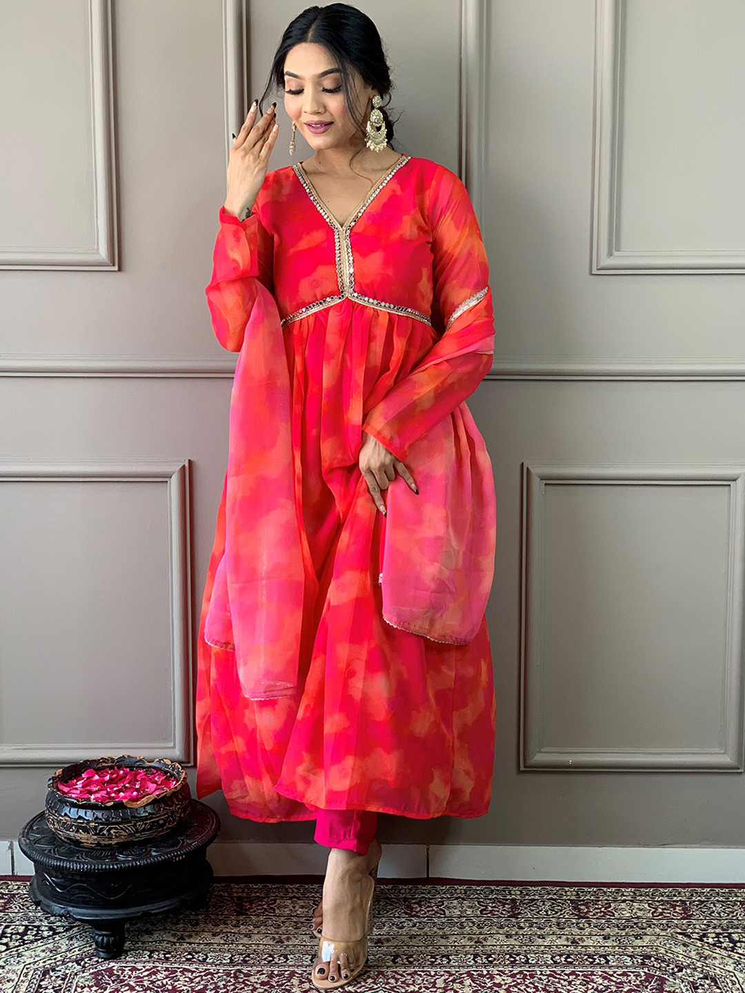 

J.KANJI Ombre Dyed Pleated Mirror Work Kurta With Trouser & Dupatta, Pink