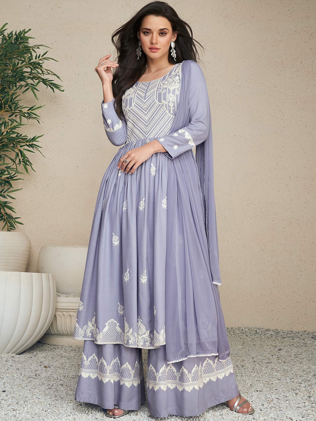 

Peachmode Floral Embroidered Lucknowi Chikankari Kurta With Palazzos & Dupatta, Purple