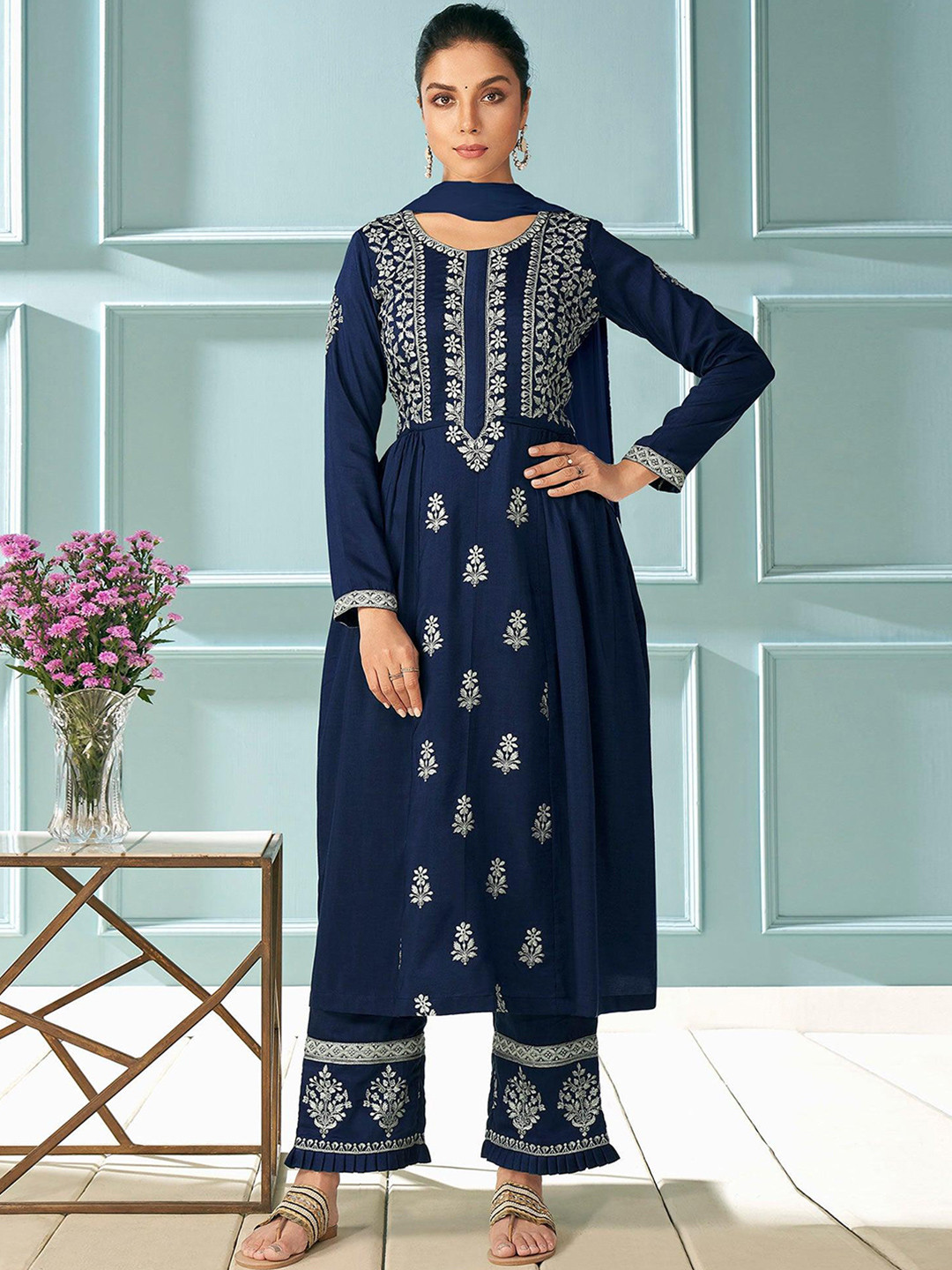 

Peachmode Floral Embroidered Pleated A-Line Kurta with Palazzo & Dupatta, Blue