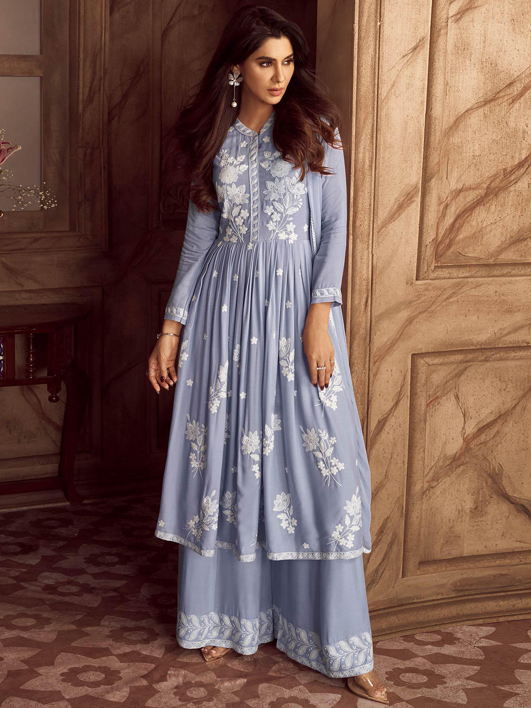 

Peachmode Floral Lucknowi Embroidered Pleated Anarkali Kurta with Palazzo & Dupatta, Lavender