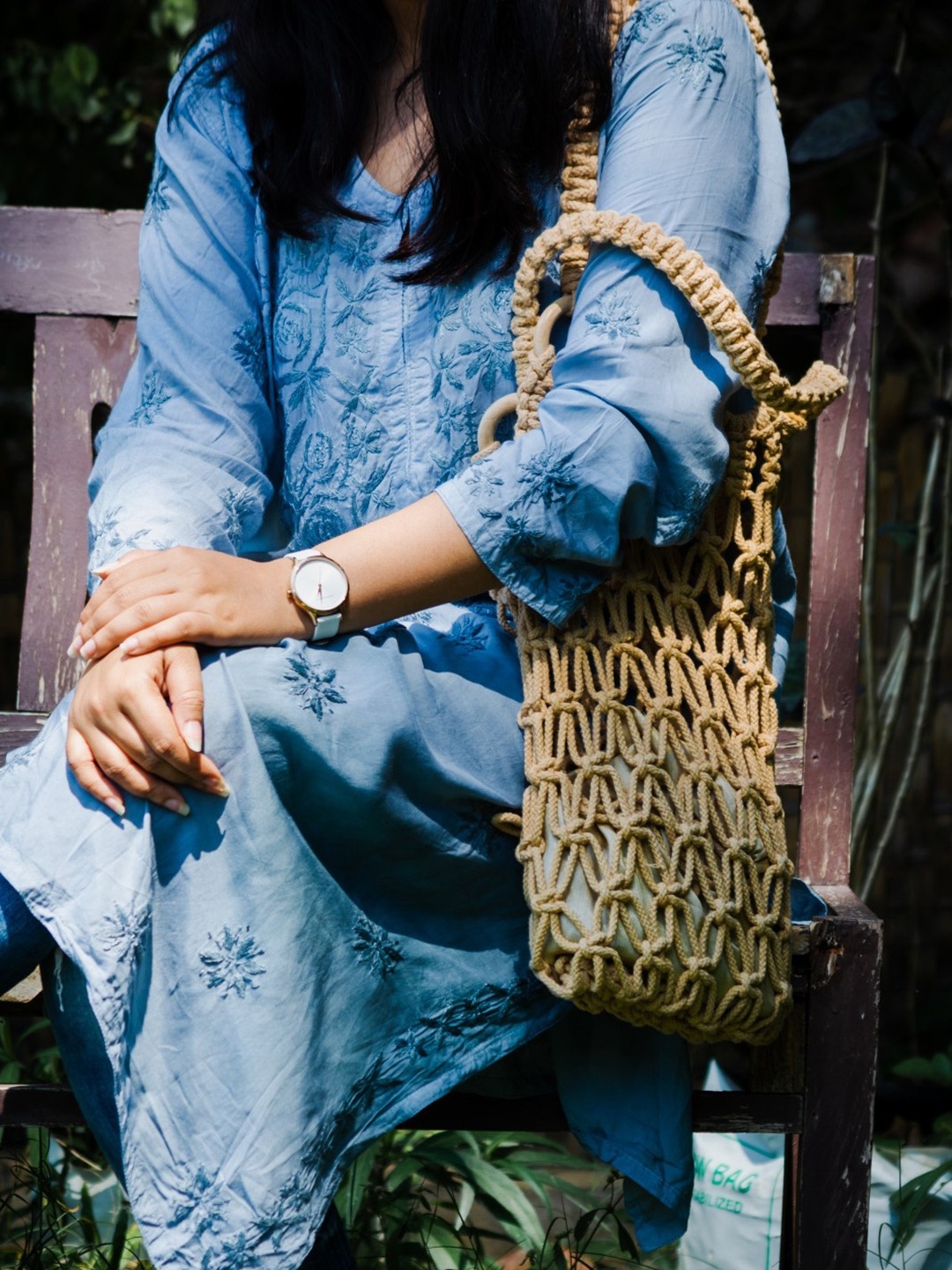 

DECORDILL Hand-Knotted Cotton Structured Handheld Bag, Beige