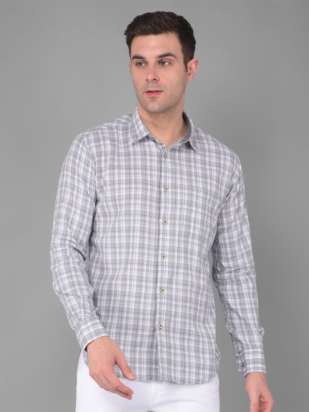 

COBB Tartan Checked Cotton Spread Collar Long Sleeves Slim Fit Casual Shirt, Grey