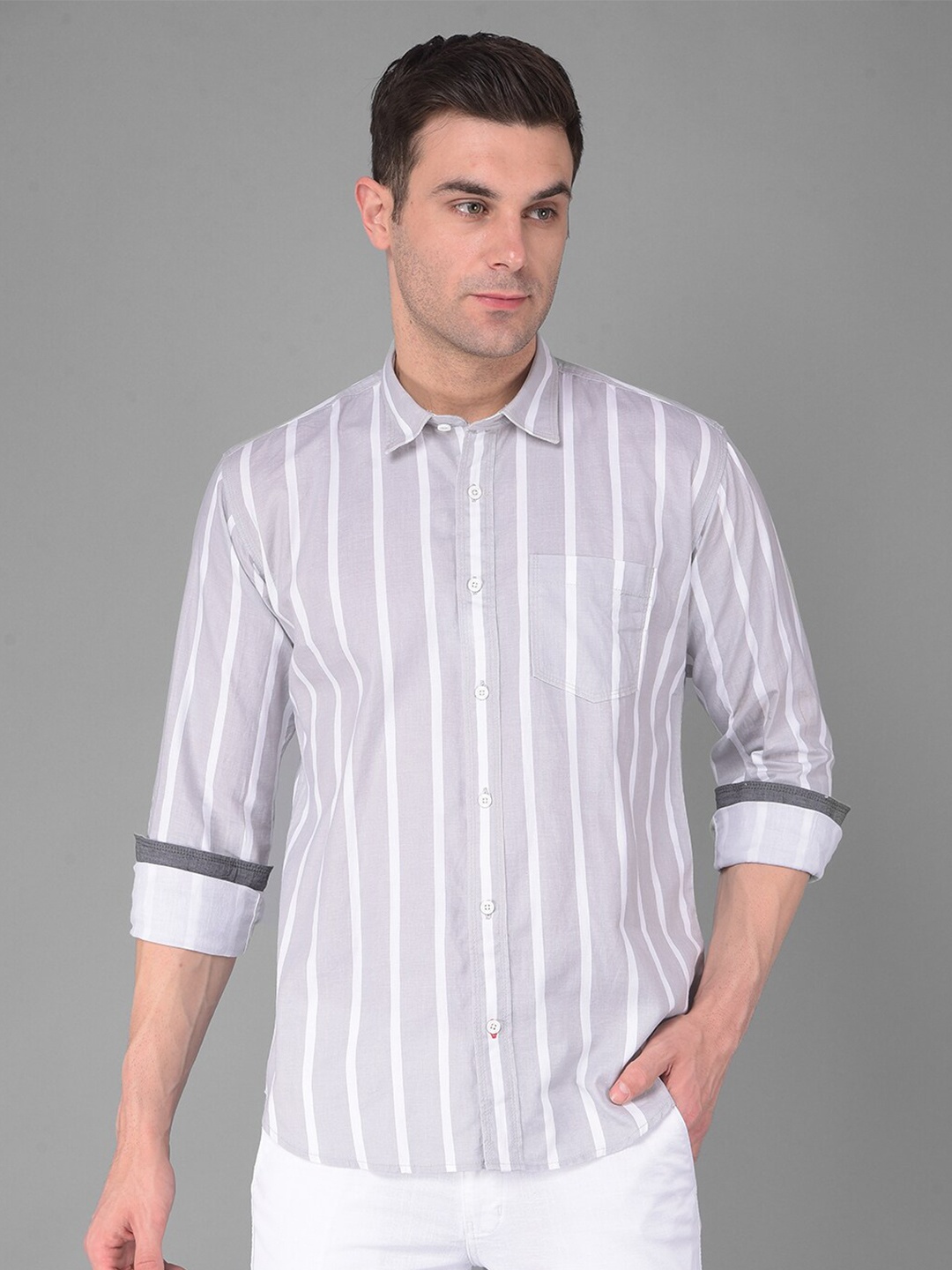 

COBB Striped Cotton Spread Collar Long Sleeves Slim Fit Casual Shirt, Grey