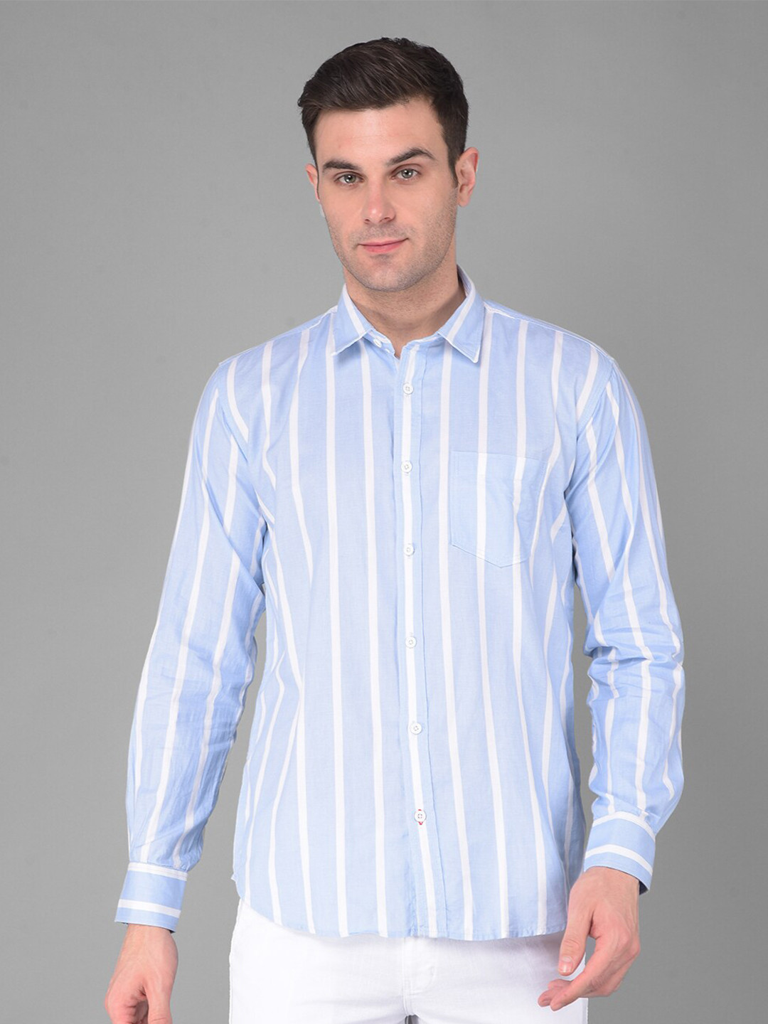 

COBB Striped Cotton Spread Collar Long Sleeves Slim Fit Casual Shirt, Blue