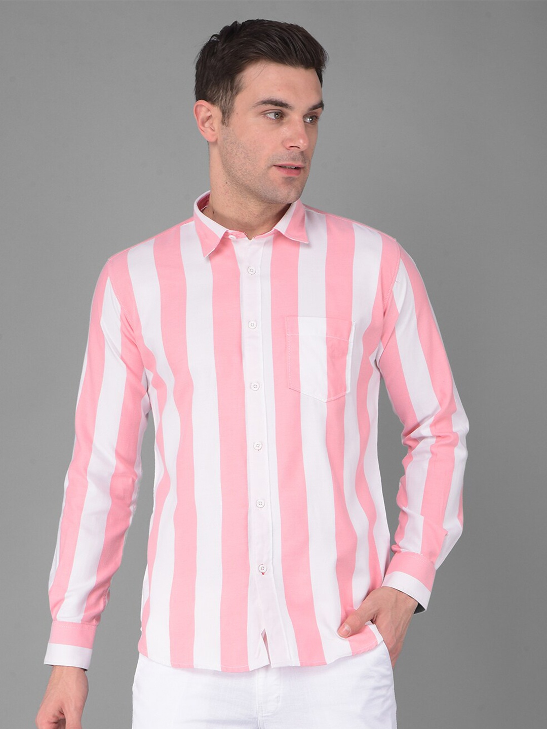 

COBB Striped Cotton Spread Collar Long Sleeves Slim Fit Casual Shirt, Pink