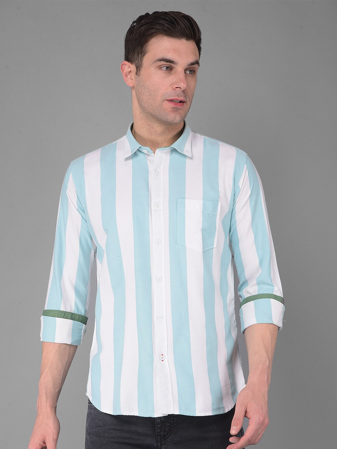 

COBB Striped Cotton Spread Collar Long Sleeves Slim Fit Casual Shirt, Green