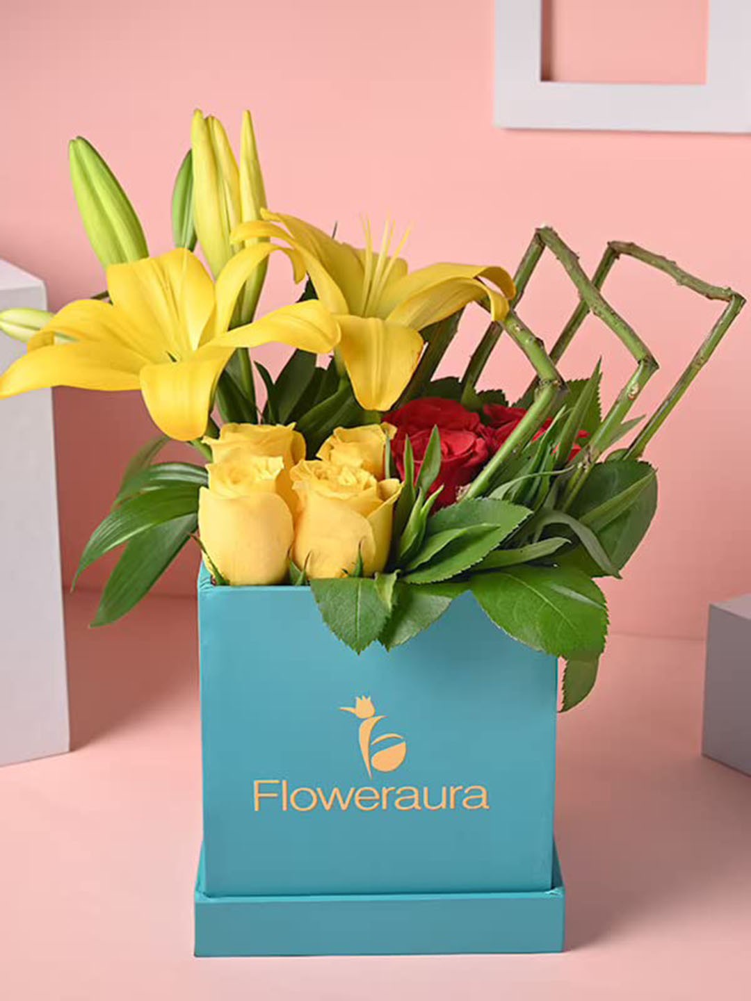 

Floweraura Red & Yellow 10 Pieces Roses With Lilies Fresh Flowers Bouquet