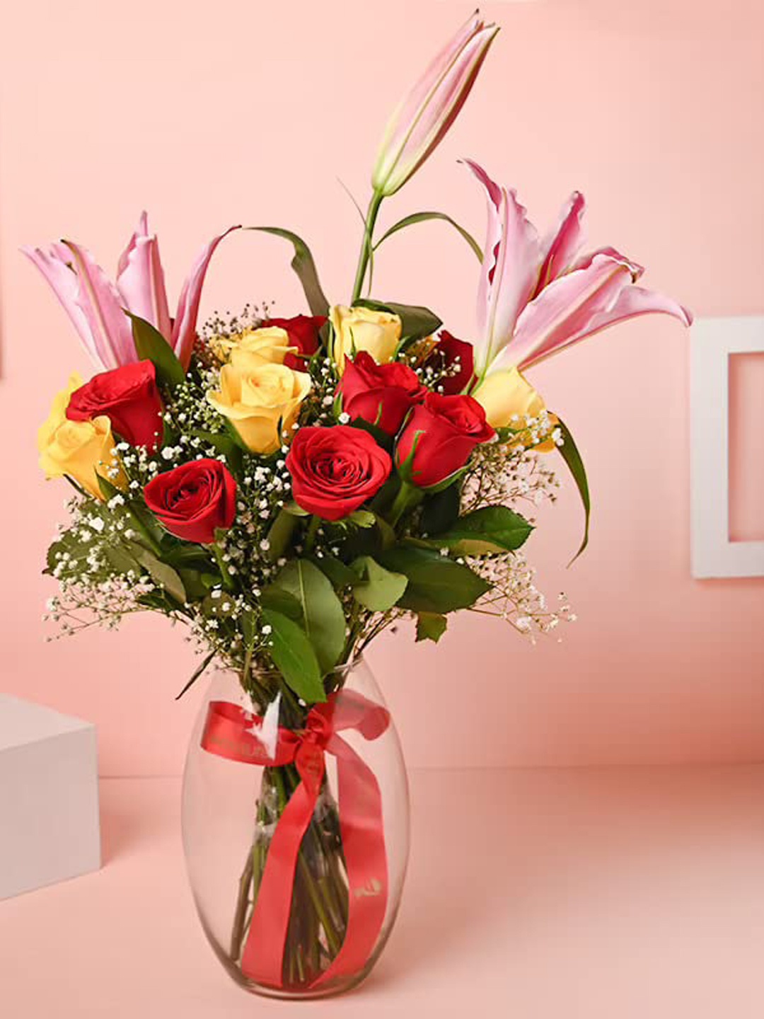 

Floweraura Red, Yellow 21 Pieces Roses & Lily Flower Bouquet In Glass Vase