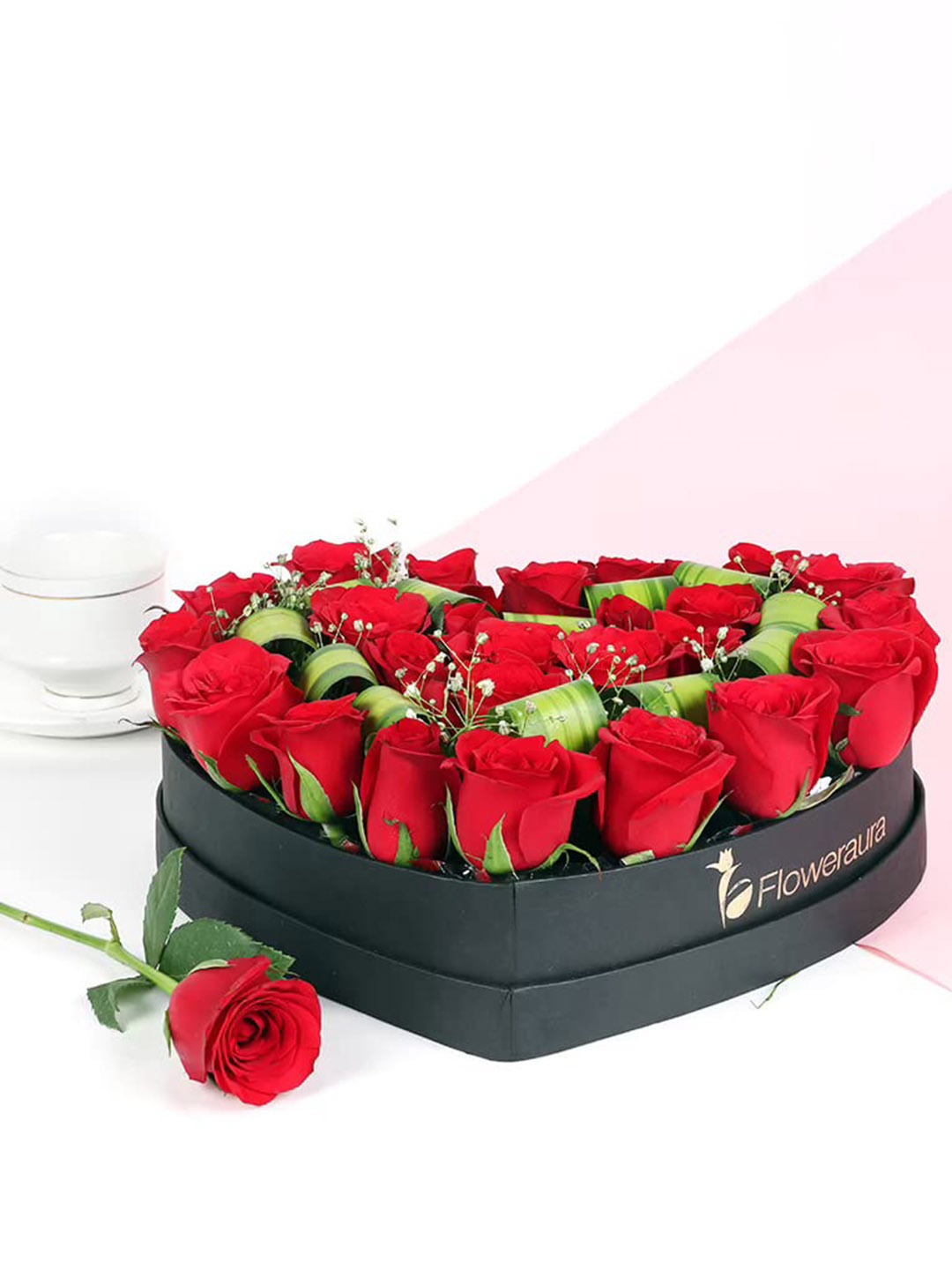 

Floweraura Red 25 Pieces Roses With Victoria Leaf Flowers Bouquet In Heart Shape Box