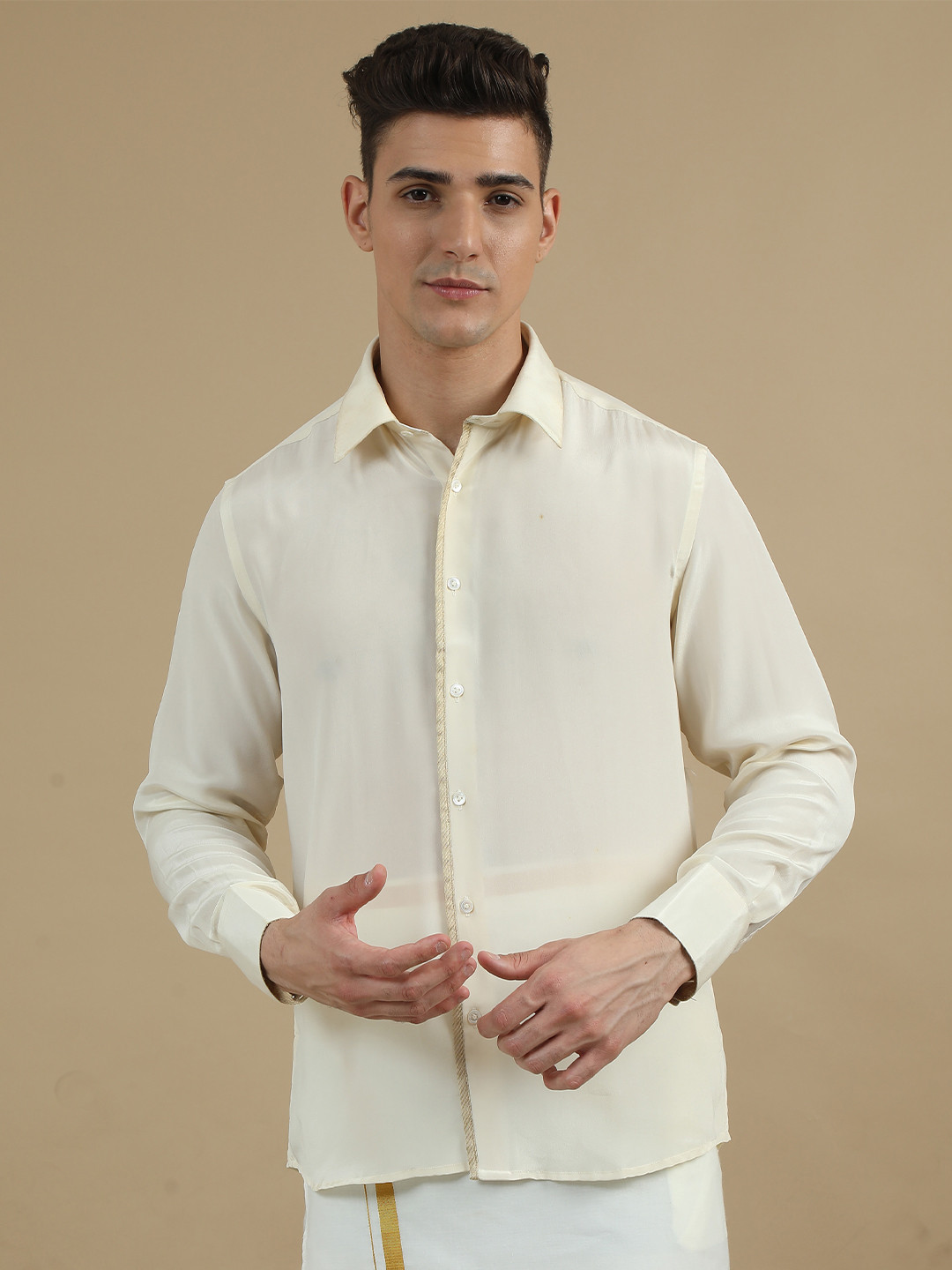 

TATTVA Classic Regular Fit Long Sleeves Spread Collar Opaque Party Shirt, Cream