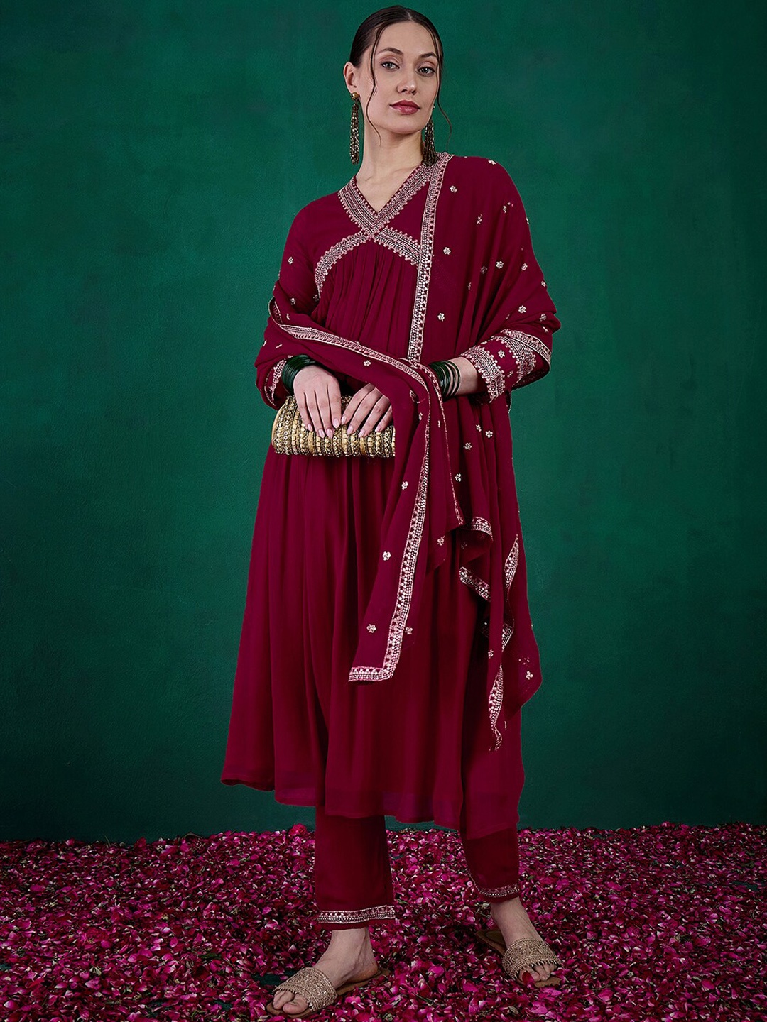 

Sangria Floral Sequin Embroidered A-Line Kurta With Trouser & Dupatta, Burgundy