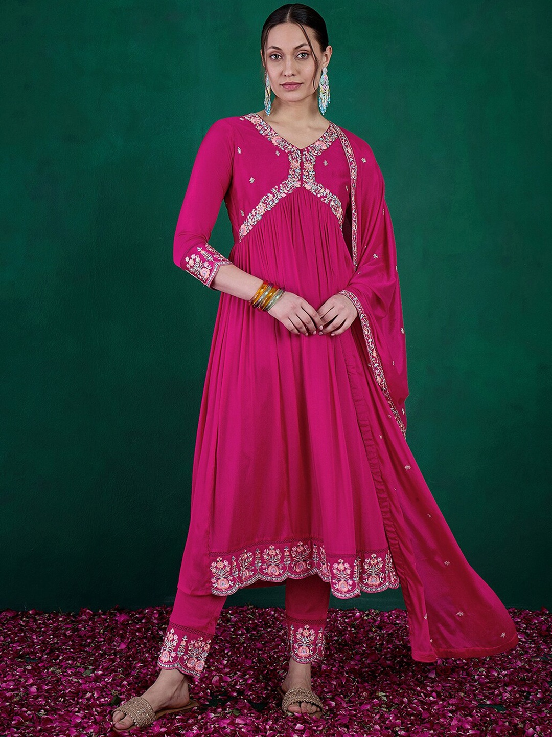 

Sangria Pink Floral Embroidered Pleated Sequinned Kurta With Trousers & Dupatta