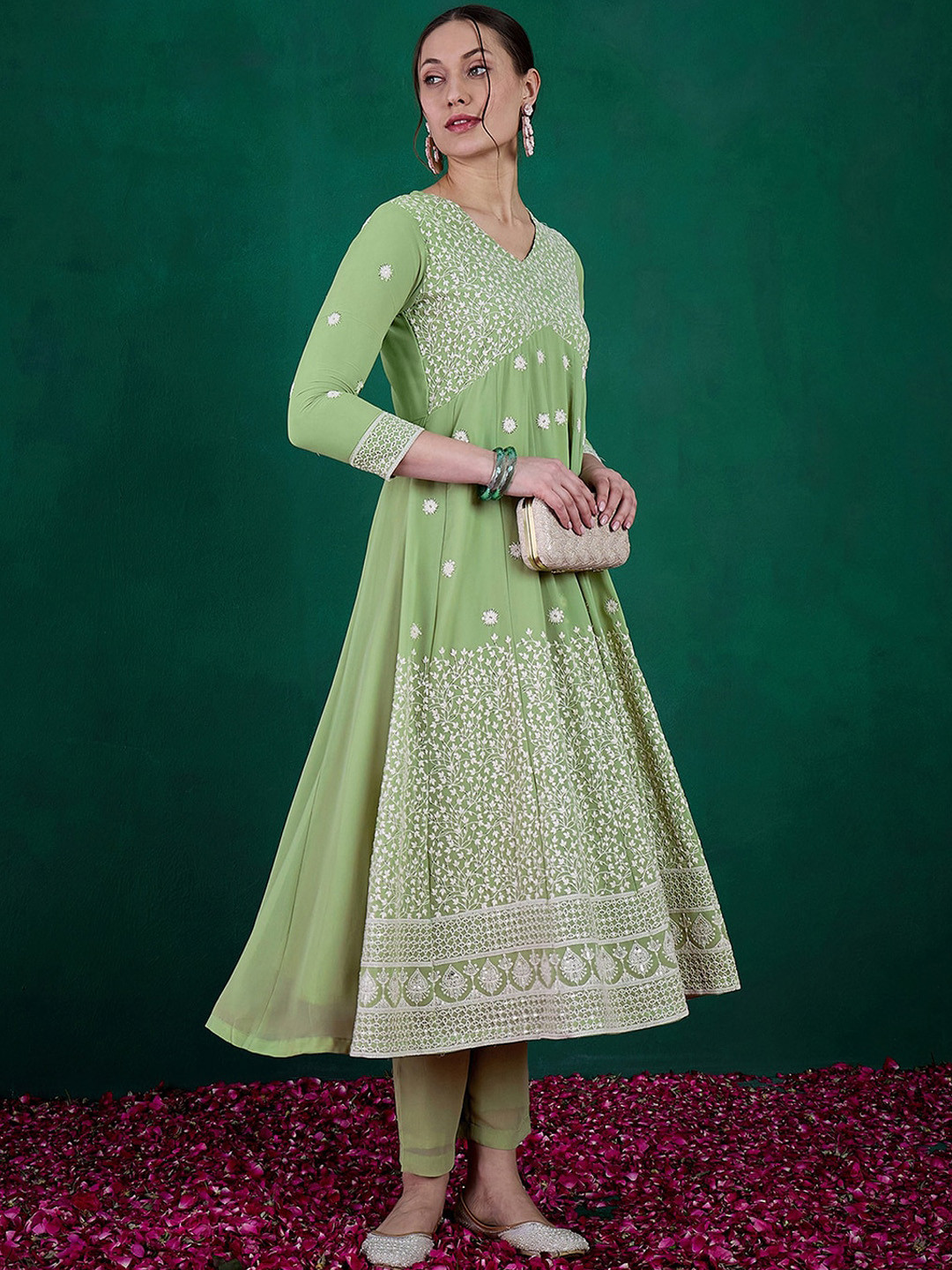 

Sangria Green Floral Embroidered Regular Sequinned Kurta with Trousers