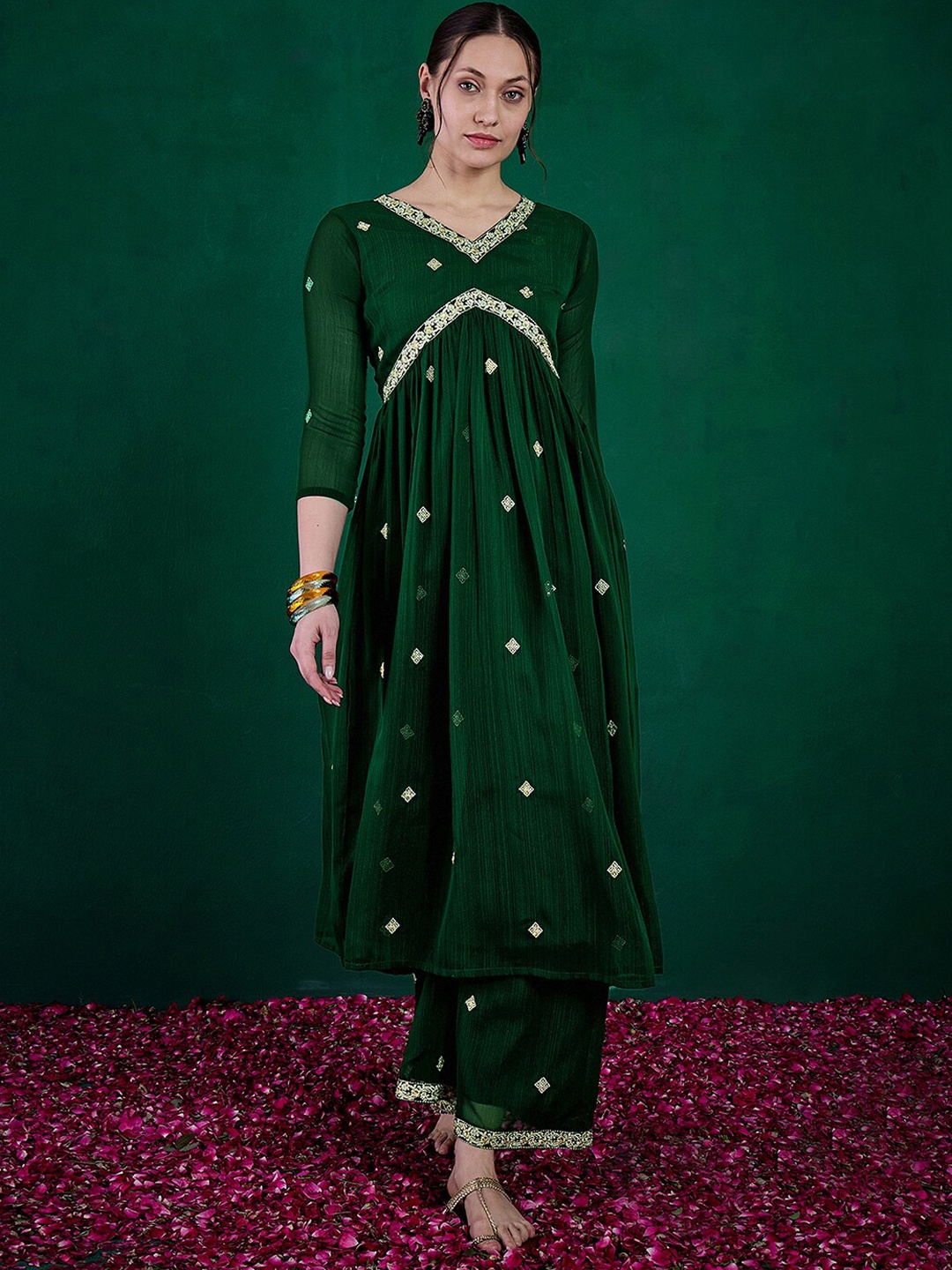 

Sangria Green Ethnic Motifs Embroidered Pleated Sequinned Kurta with Palazzos