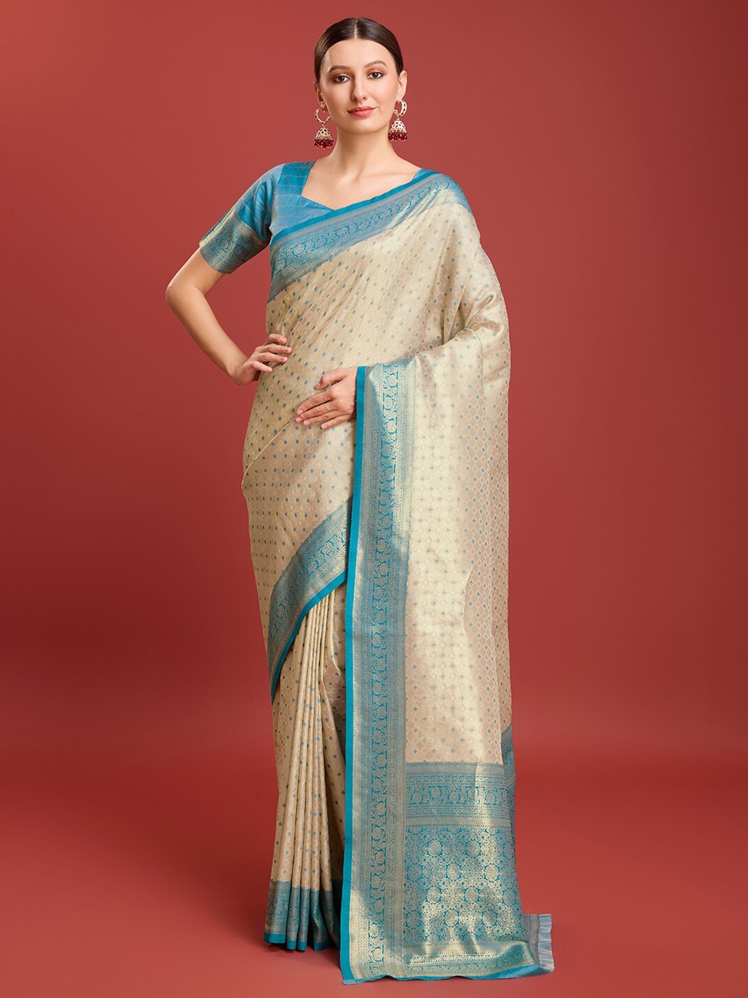 

MONJOLIKA FASHION Polka Dots Woven Design Zari Kanjeevaram Saree, Blue