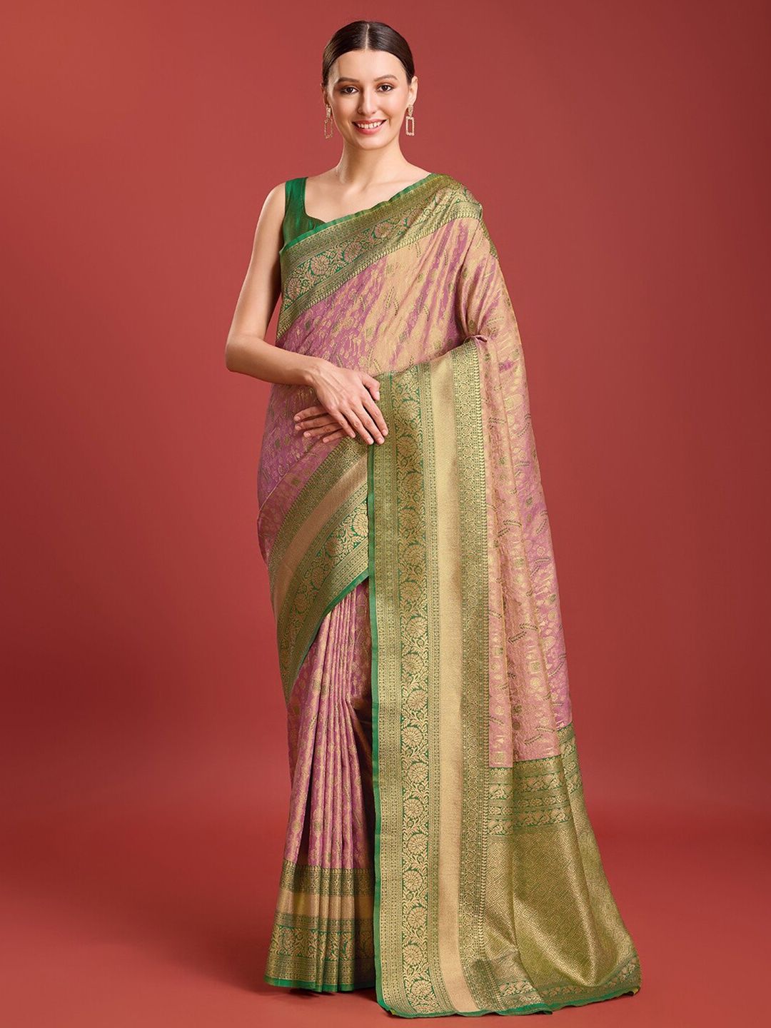 

MONJOLIKA FASHION Floral Woven Design Zari Kanjeevaram Saree, Rose