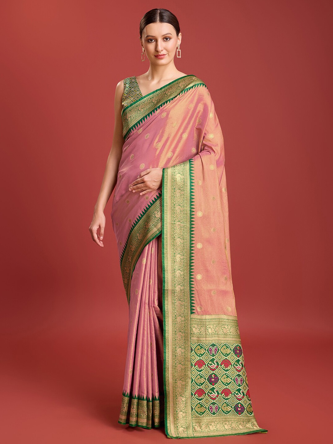 

MONJOLIKA FASHION Polka Dots Woven Design Zari Silk Blend Kanjeevaram Saree, Rose