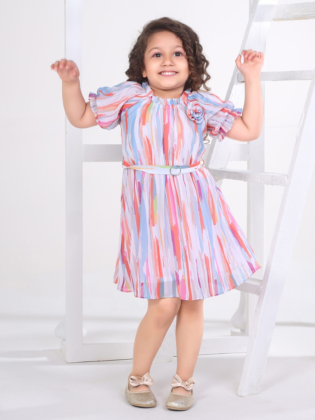 

Peppermint Striped Puff Sleeves Fit & Flare Dress With Belt, White