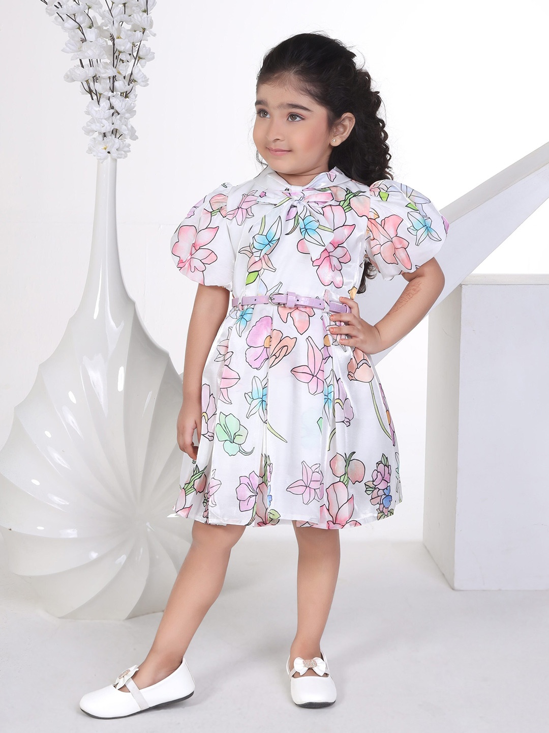 

Peppermint Girls Floral Printed Puff Sleeves Fit & Flare Dress, White