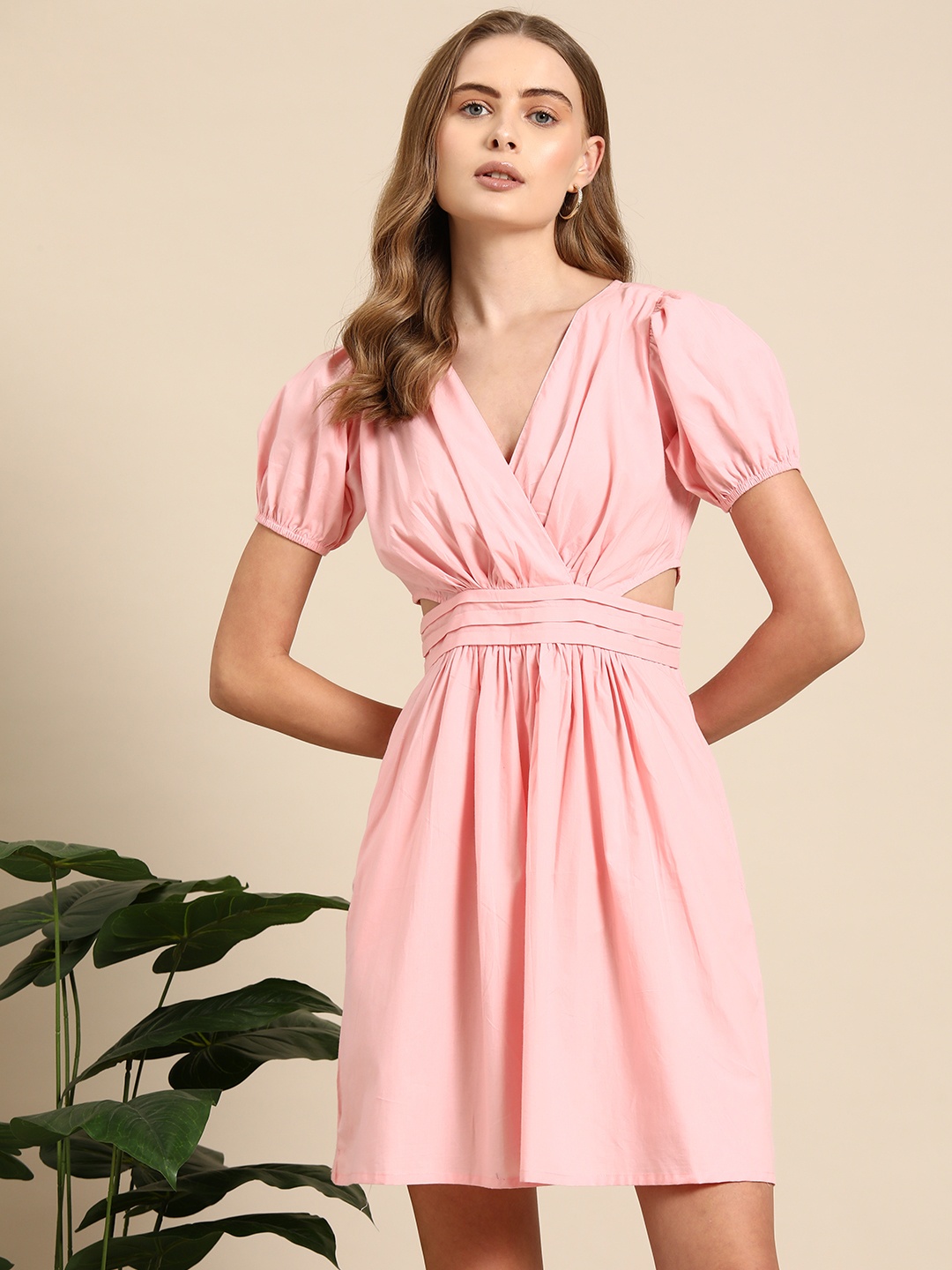 

Mast & Harbour Solid Puff Sleeve Fit & Flare Dress, Peach