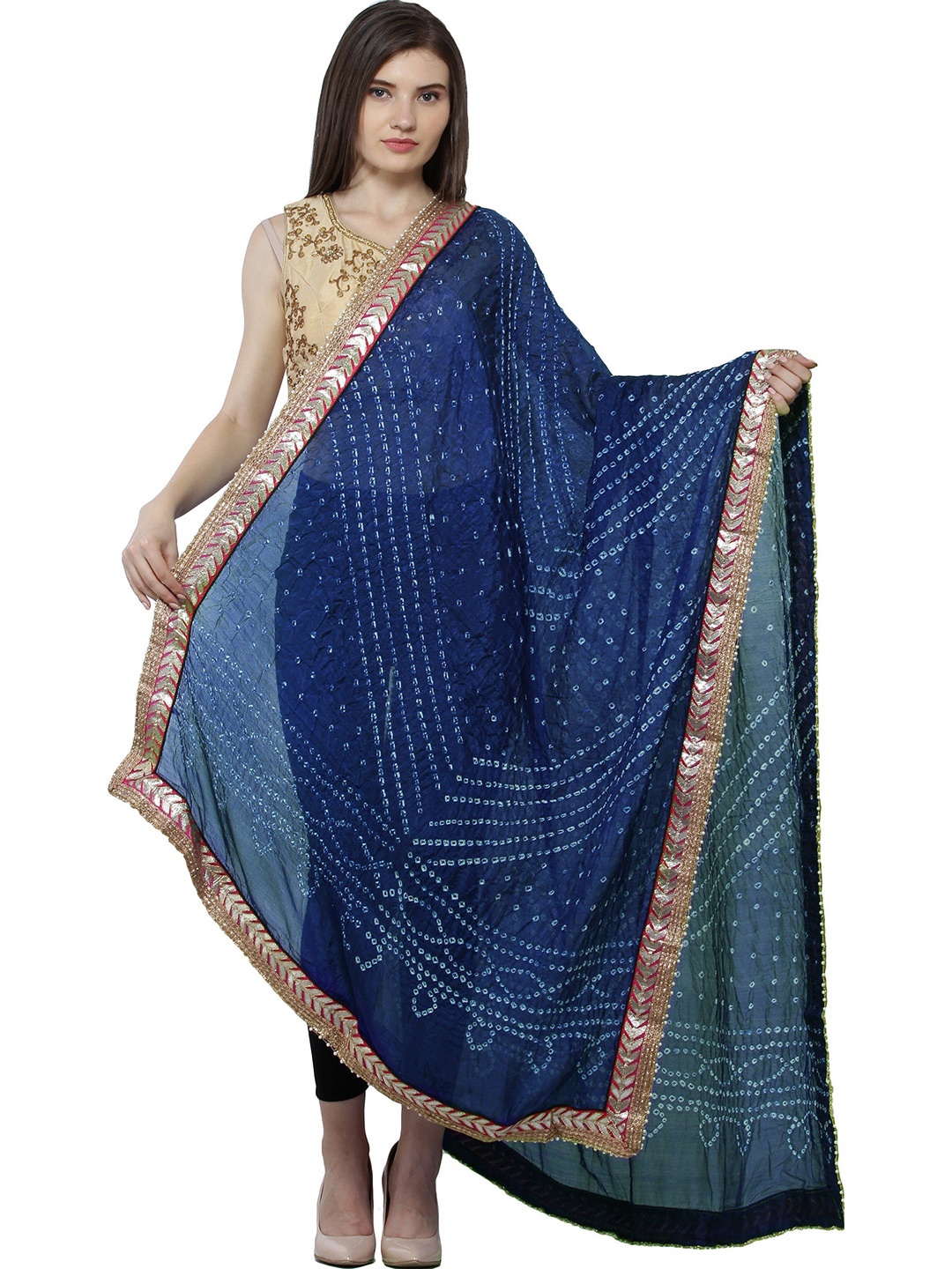 Exotic India Snorkel Blue Tie-dye Print and Gota Border Silk Jodhpuri Dupatta