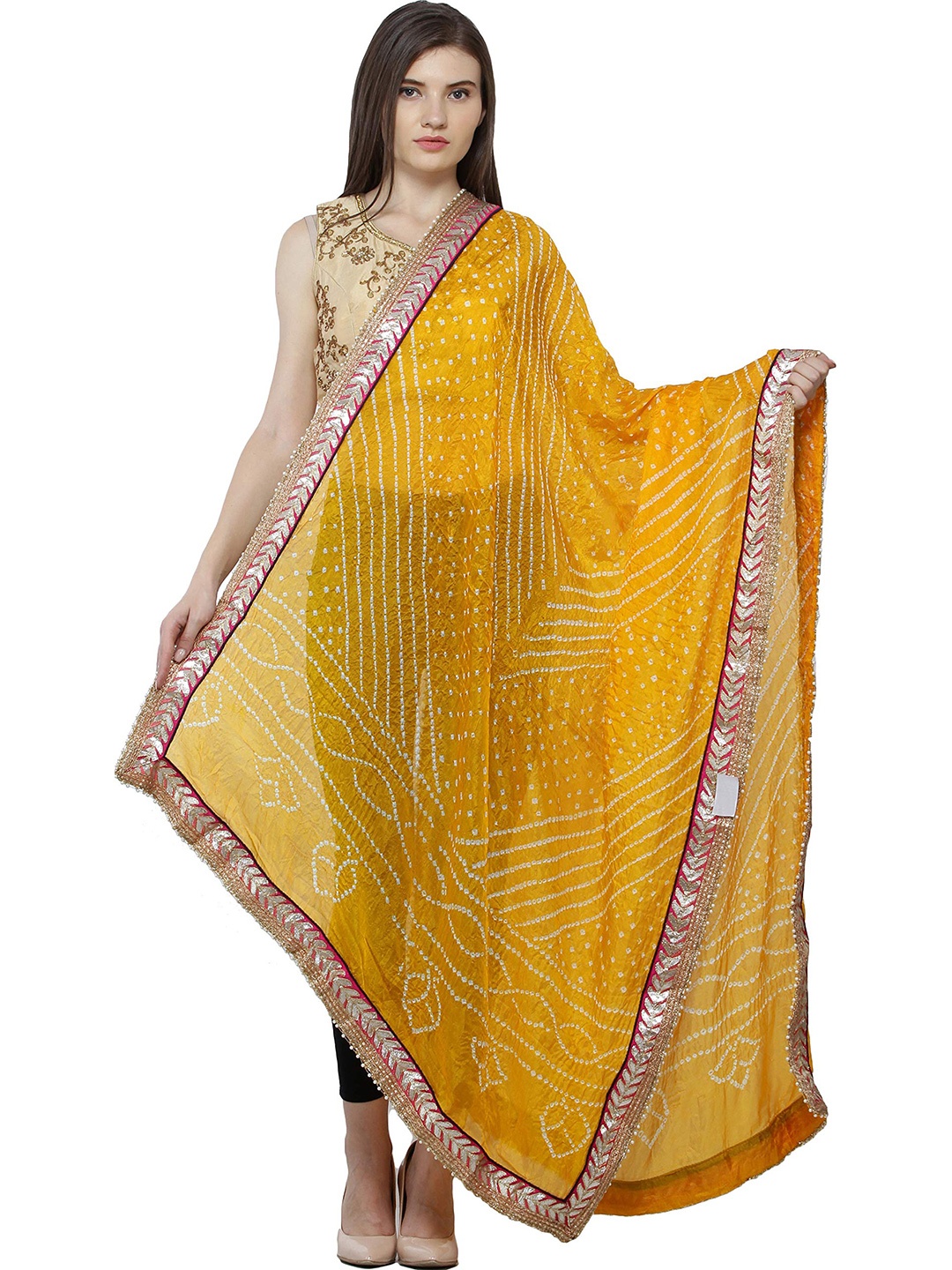 

Exotic India Saffron Tie-dye Print and Gota Border Silk Jodhpuri Dupatta, Orange