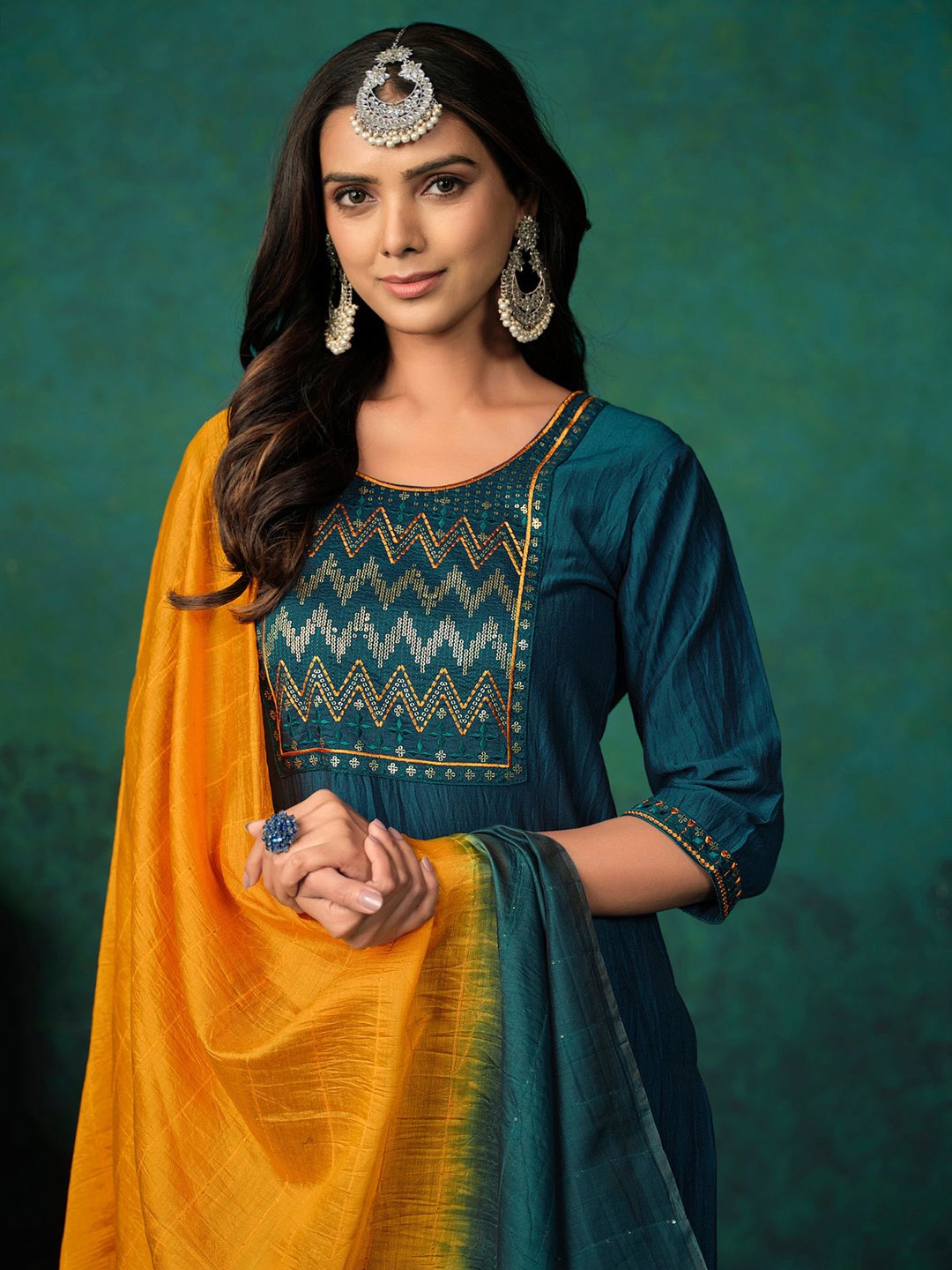 

KALINI Embroidered Round Neck Three-Quarter Sleeves Sequinned Kurta Set, Teal