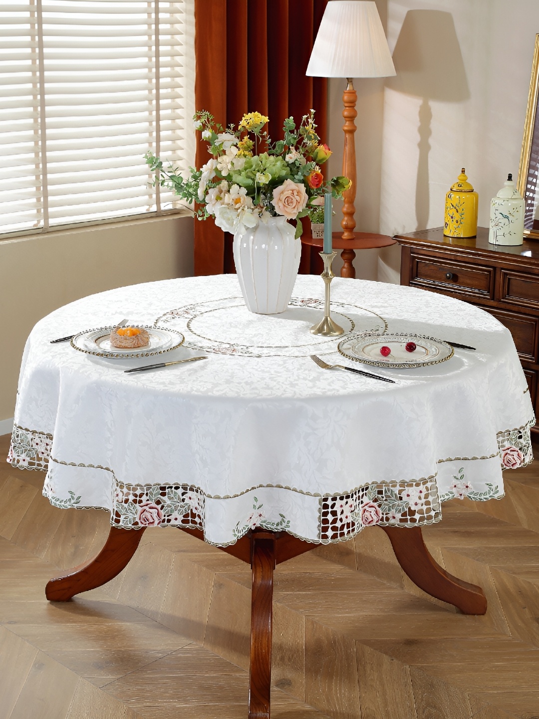 

MONKDECOR White Floral Round 4-Seater Table Cover with Embroidered details