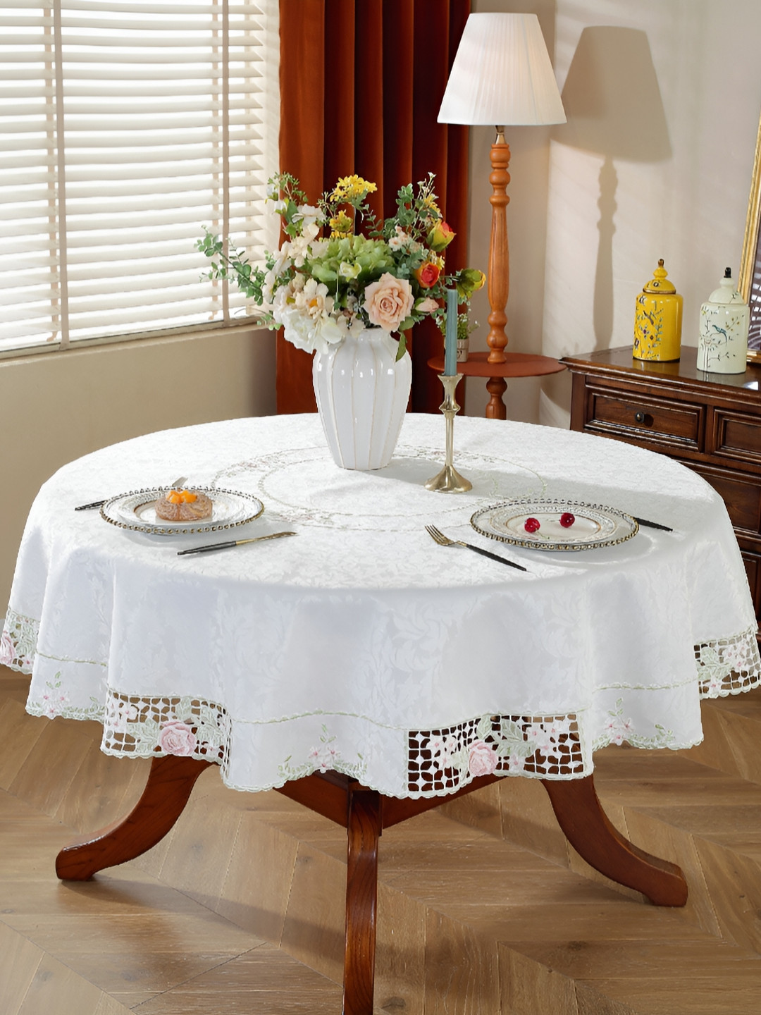 

MONKDECOR White Floral Round 4-Seater Table Cover with Embroidered details