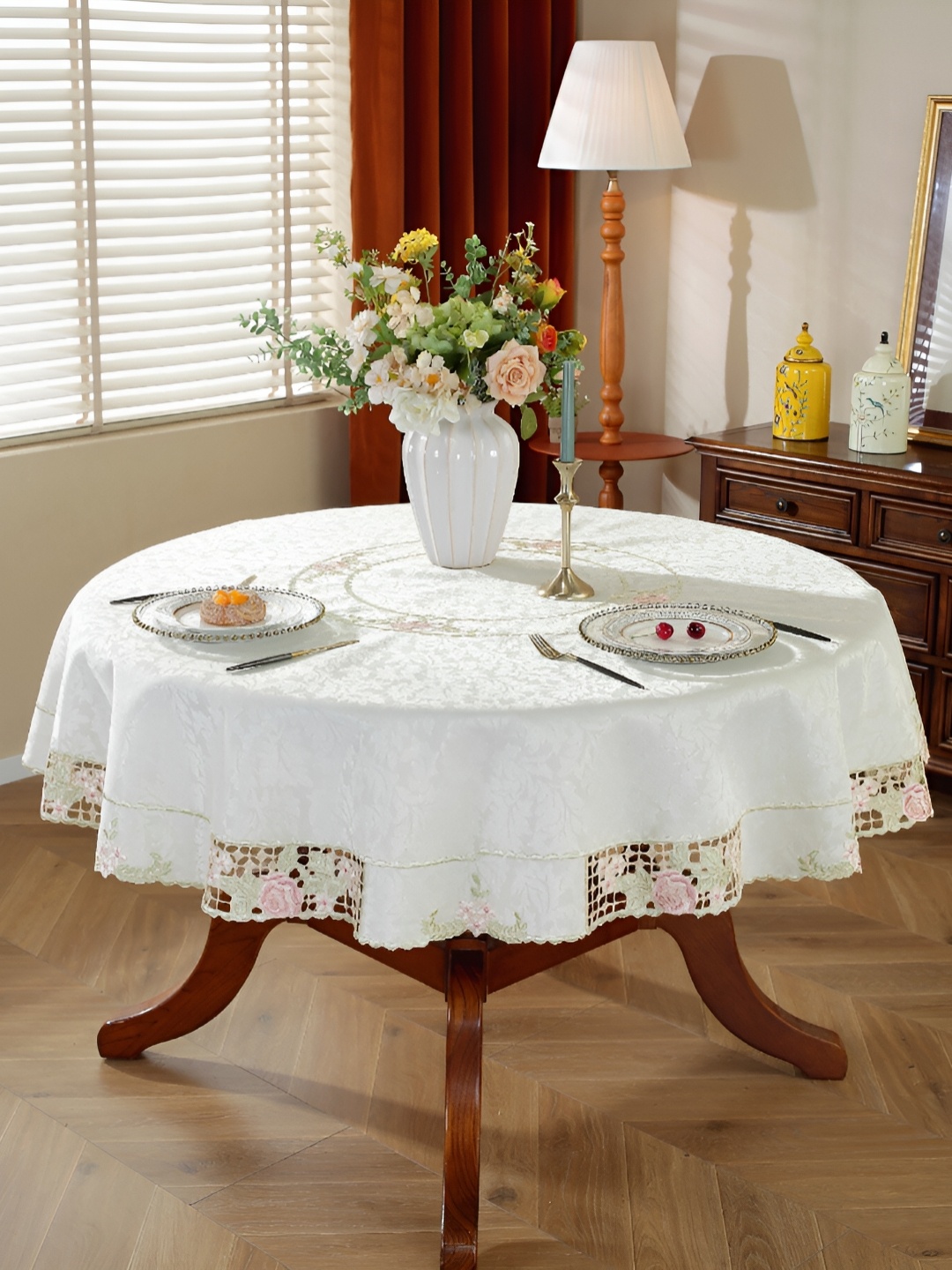 

MONKDECOR White Floral Round 6-Seater Table Cover with Embroidered details