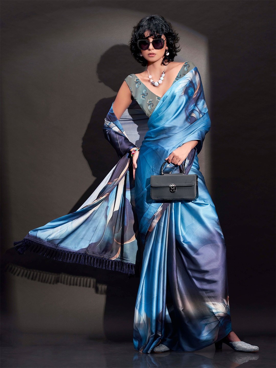 

Tikhi Imli Floral Satin Saree, Navy blue